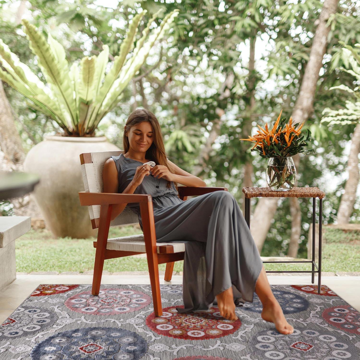image:imageCAMILSON Indoor Outdoor Rug Navy 710x10 Leaf Tropical Botanical Area Rugs for Indoor and Outdoor patios EasyCleaning NonShedding Living Room Garden and Kitchen Washable Outside Carpet 8x103003 Multi Color