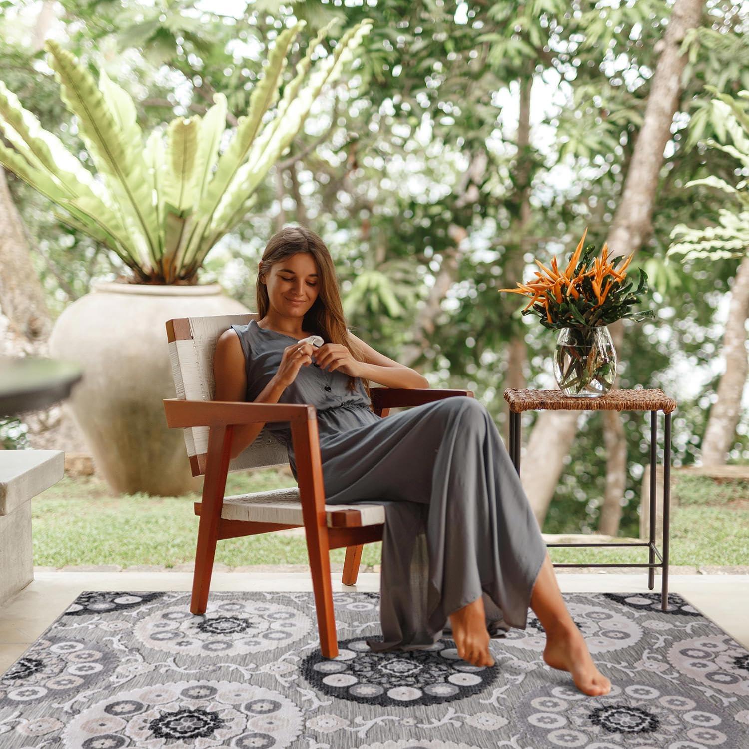 image:imageCAMILSON Indoor Outdoor Rug Navy 710x10 Leaf Tropical Botanical Area Rugs for Indoor and Outdoor patios EasyCleaning NonShedding Living Room Garden and Kitchen Washable Outside Carpet 8x103003 Gray