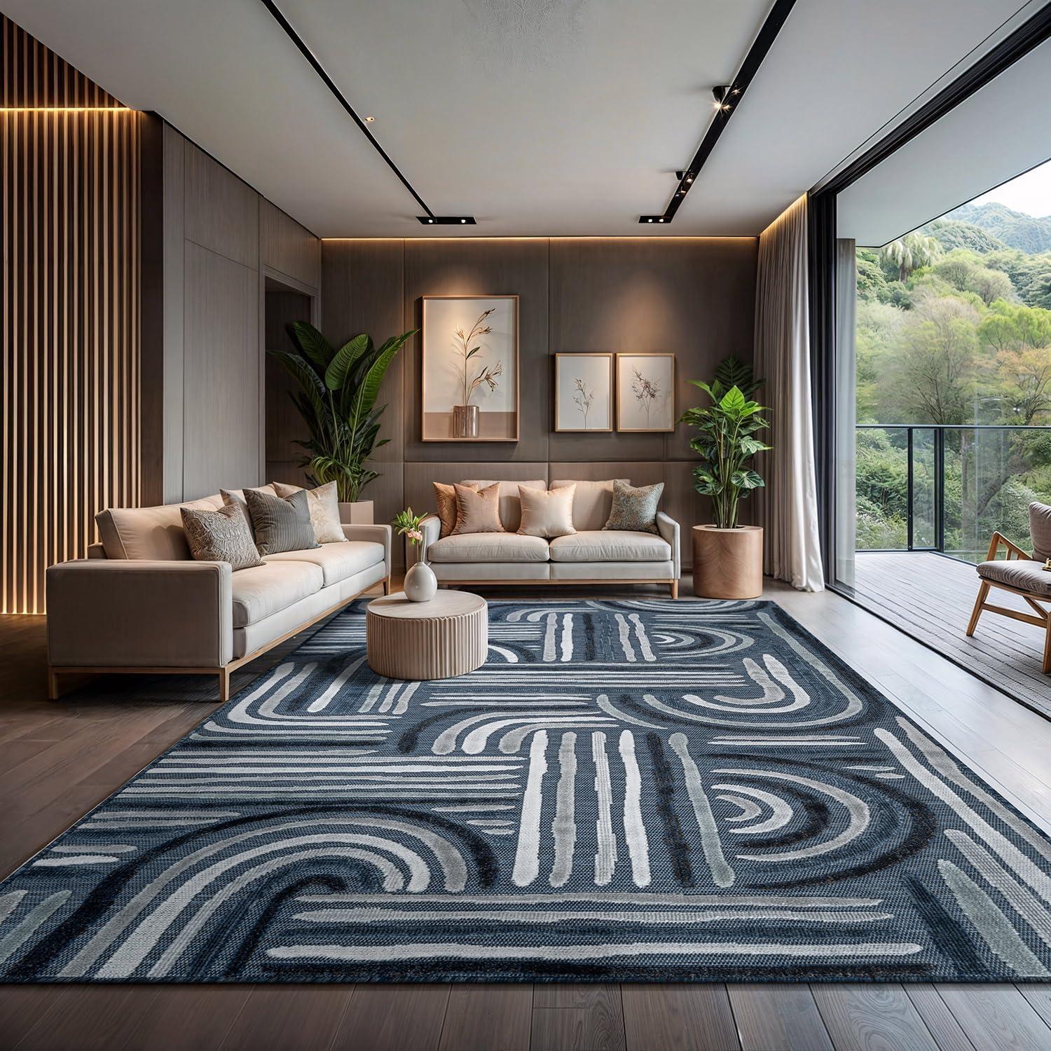 image:imageCAMILSON Indoor Outdoor Rug Navy 710x10 Leaf Tropical Botanical Area Rugs for Indoor and Outdoor patios EasyCleaning NonShedding Living Room Garden and Kitchen Washable Outside Carpet 8x103004 Navy