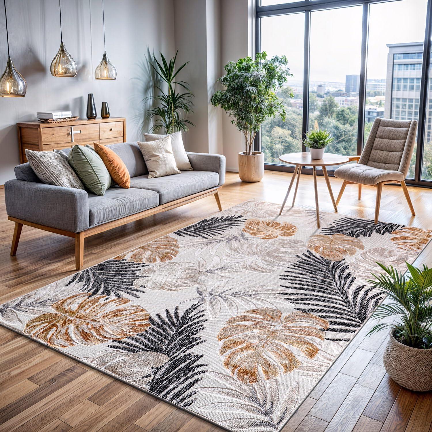 image:imageCAMILSON Indoor Outdoor Rug Navy 710x10 Leaf Tropical Botanical Area Rugs for Indoor and Outdoor patios EasyCleaning NonShedding Living Room Garden and Kitchen Washable Outside Carpet 8x103002 Yellow