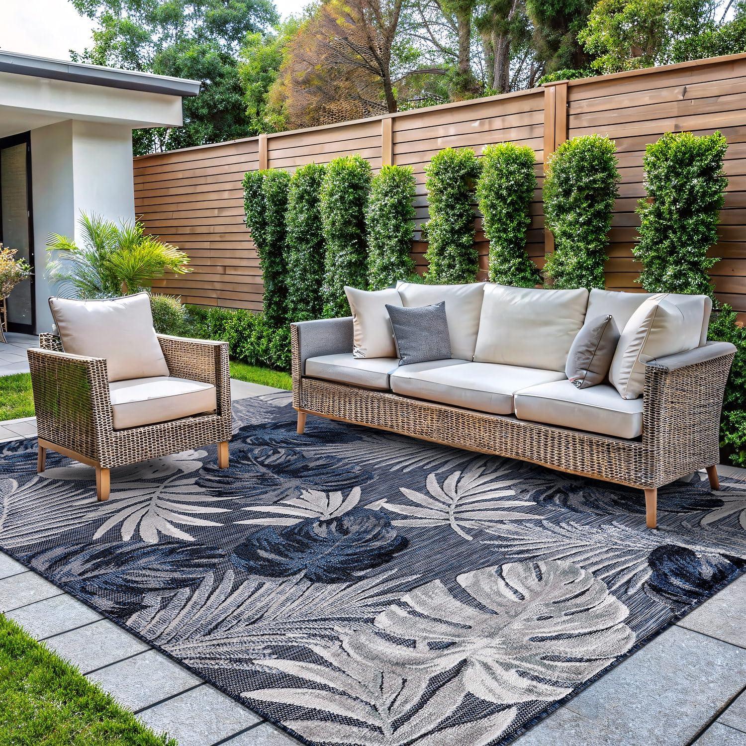 image:imageCAMILSON Indoor Outdoor Rug Navy 710x10 Leaf Tropical Botanical Area Rugs for Indoor and Outdoor patios EasyCleaning NonShedding Living Room Garden and Kitchen Washable Outside Carpet 8x103002 Navy