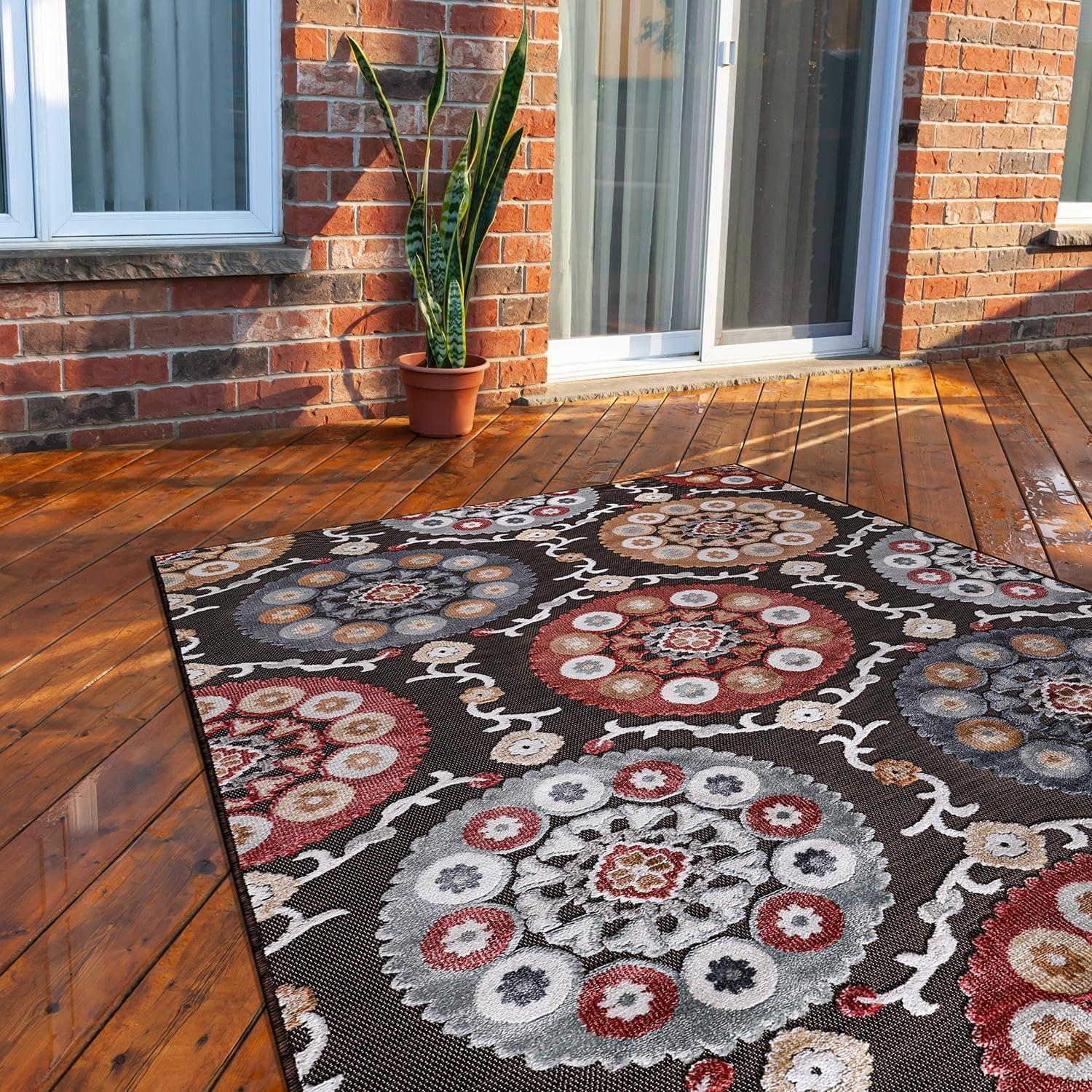 image:imageCAMILSON Indoor Outdoor Rug Navy 710x10 Leaf Tropical Botanical Area Rugs for Indoor and Outdoor patios EasyCleaning NonShedding Living Room Garden and Kitchen Washable Outside Carpet 8x103003 Brown