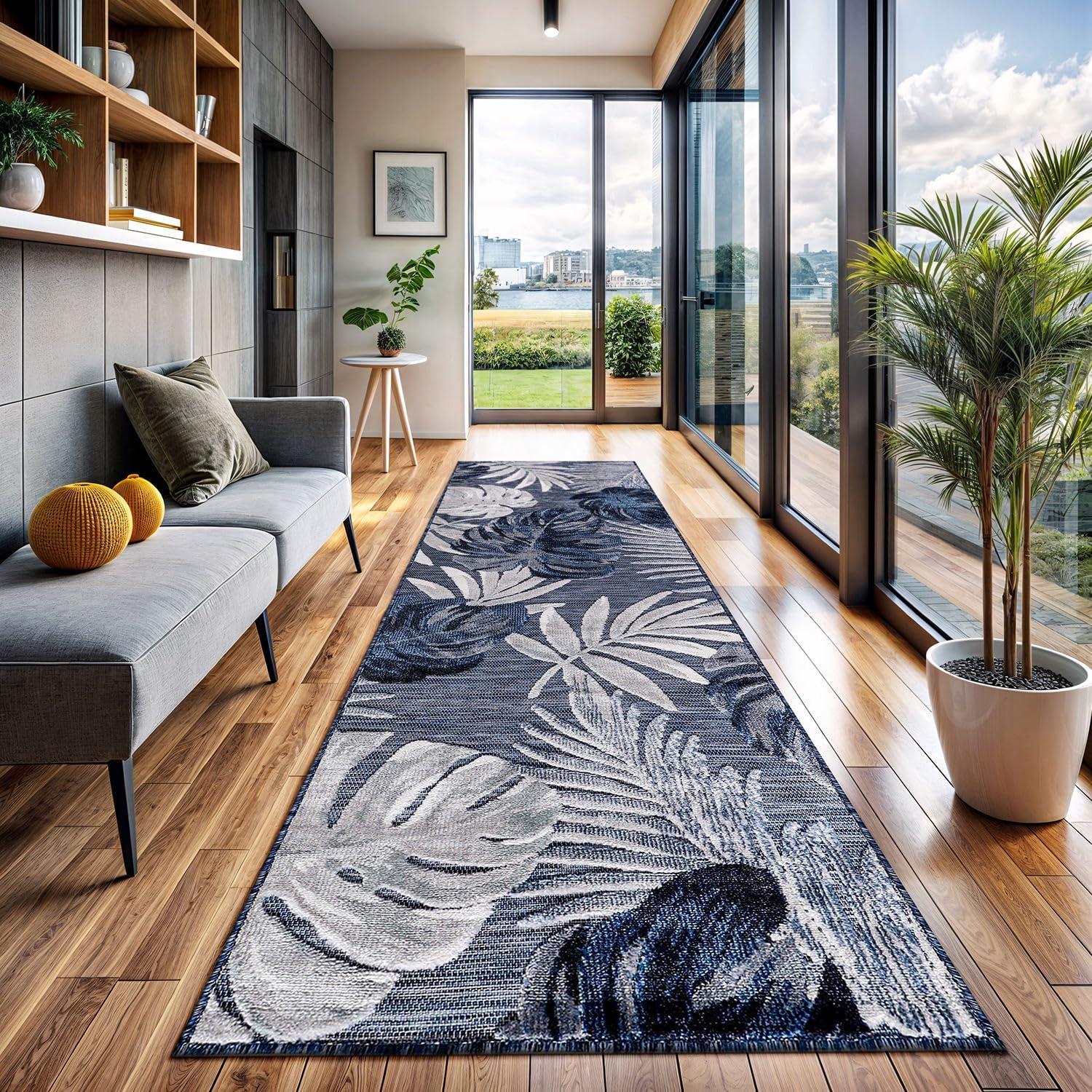image:imageCAMILSON Indoor Outdoor Rug Navy 710x10 Leaf Tropical Botanical Area Rugs for Indoor and Outdoor patios EasyCleaning NonShedding Living Room Garden and Kitchen Washable Outside Carpet 8x103002 Navy