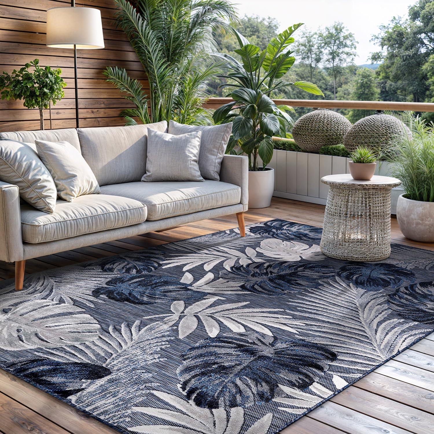 image:imageCAMILSON Indoor Outdoor Rug Navy 710x10 Leaf Tropical Botanical Area Rugs for Indoor and Outdoor patios EasyCleaning NonShedding Living Room Garden and Kitchen Washable Outside Carpet 8x103002 Navy