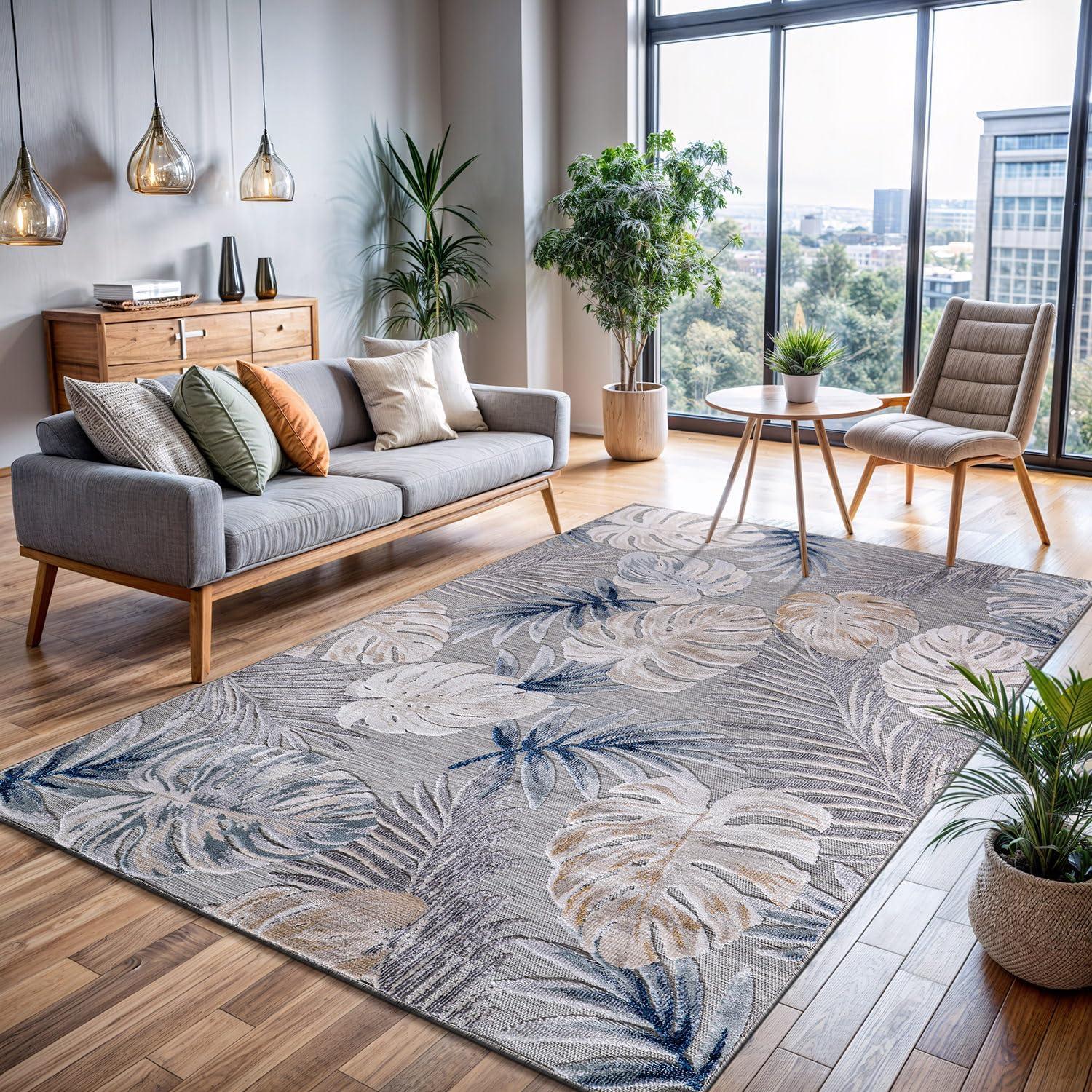 image:imageCAMILSON Indoor Outdoor Rug Navy 710x10 Leaf Tropical Botanical Area Rugs for Indoor and Outdoor patios EasyCleaning NonShedding Living Room Garden and Kitchen Washable Outside Carpet 8x103002 Blue