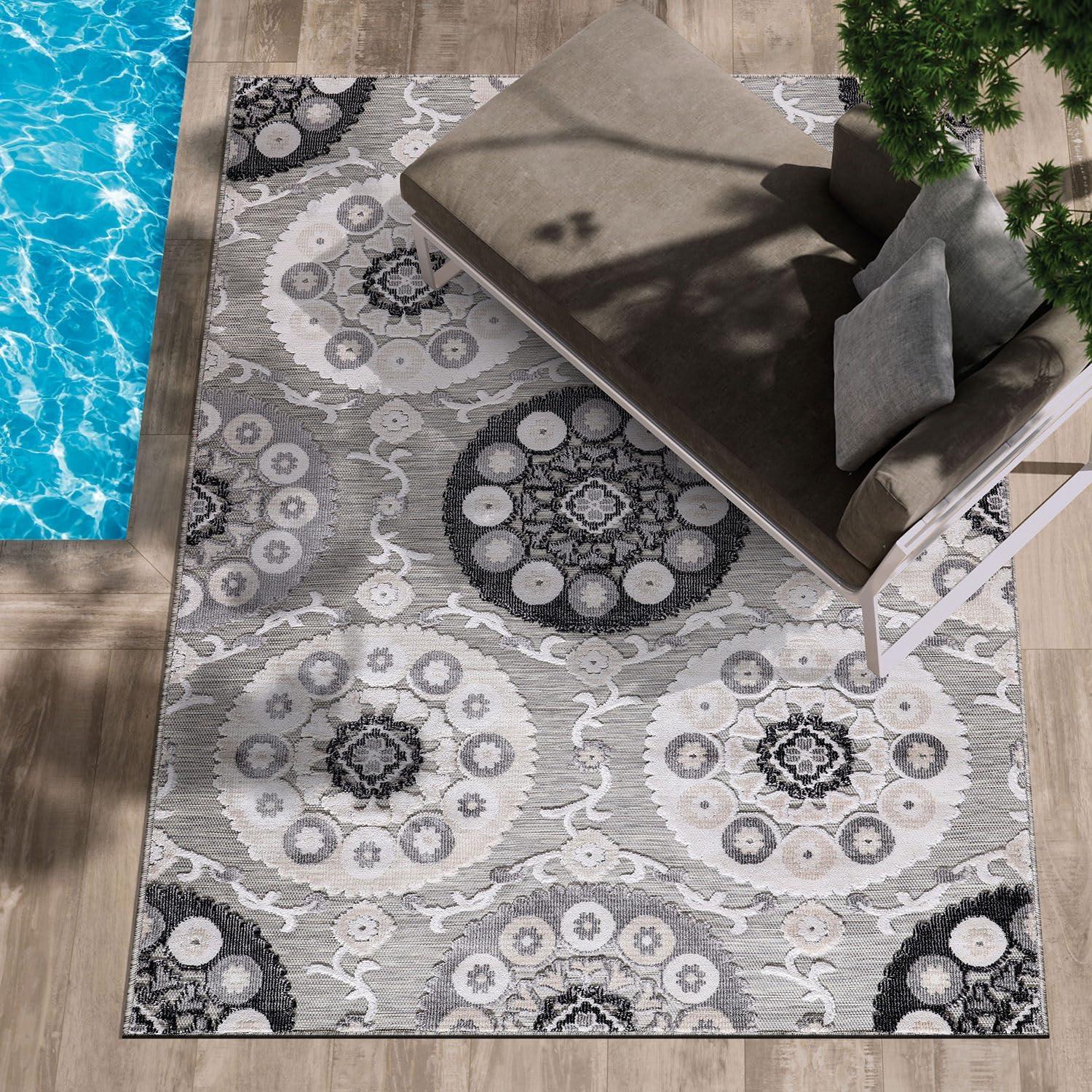 image:imageCAMILSON Indoor Outdoor Rug Navy 710x10 Leaf Tropical Botanical Area Rugs for Indoor and Outdoor patios EasyCleaning NonShedding Living Room Garden and Kitchen Washable Outside Carpet 8x103003 Gray