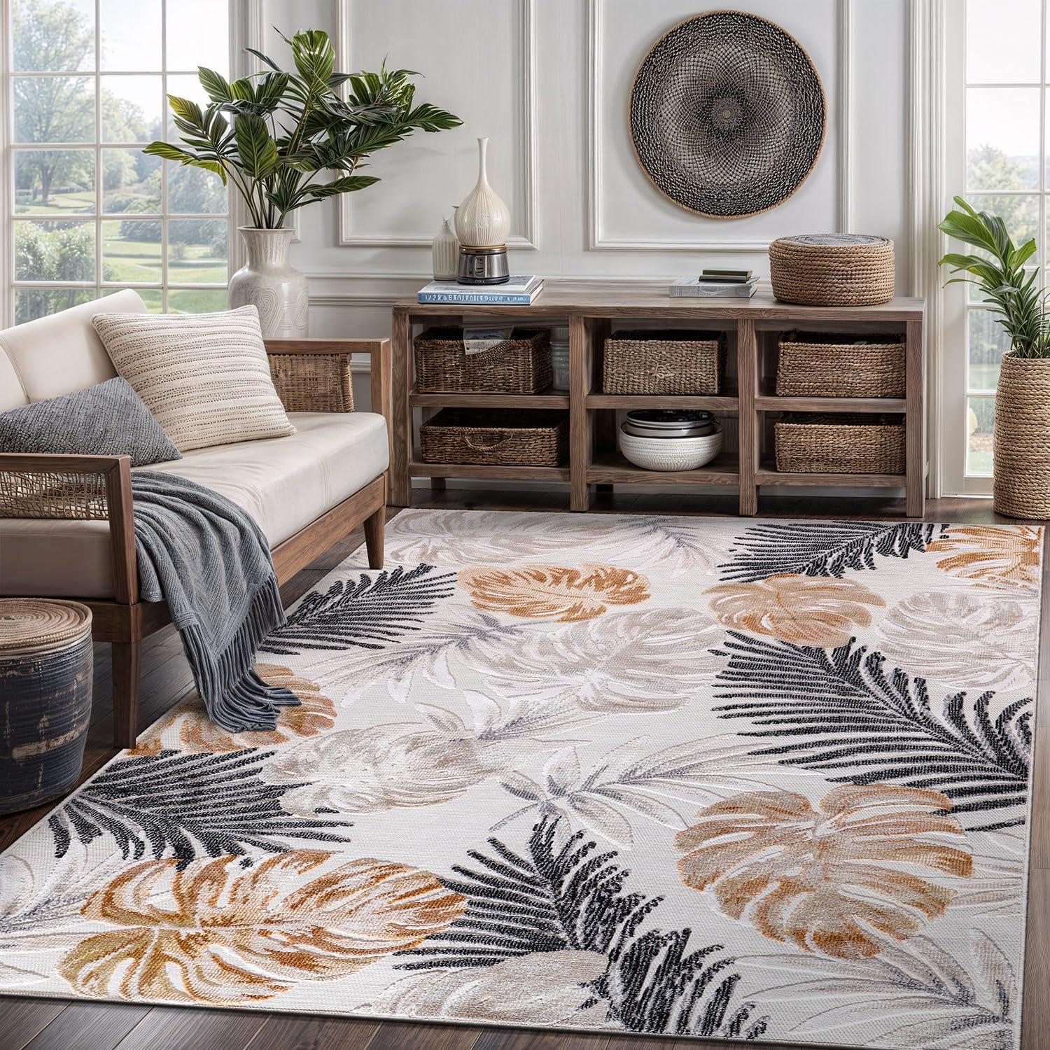 image:imageCAMILSON Indoor Outdoor Rug Navy 710x10 Leaf Tropical Botanical Area Rugs for Indoor and Outdoor patios EasyCleaning NonShedding Living Room Garden and Kitchen Washable Outside Carpet 8x103002 Yellow