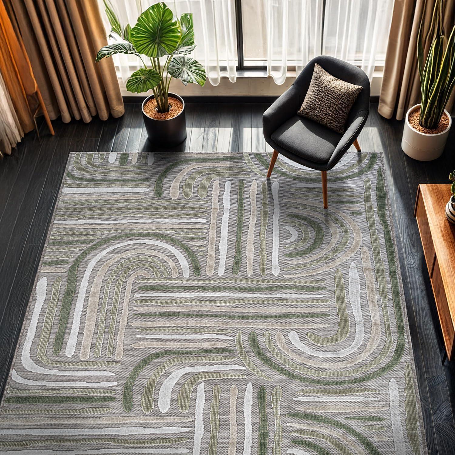 image:imageCAMILSON Indoor Outdoor Rug Navy 710x10 Leaf Tropical Botanical Area Rugs for Indoor and Outdoor patios EasyCleaning NonShedding Living Room Garden and Kitchen Washable Outside Carpet 8x103004 Beige
