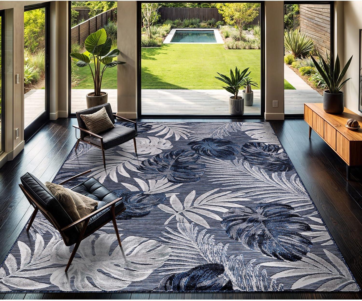 image:imageCAMILSON Indoor Outdoor Rug Navy 710x10 Leaf Tropical Botanical Area Rugs for Indoor and Outdoor patios EasyCleaning NonShedding Living Room Garden and Kitchen Washable Outside Carpet 8x103002 Navy