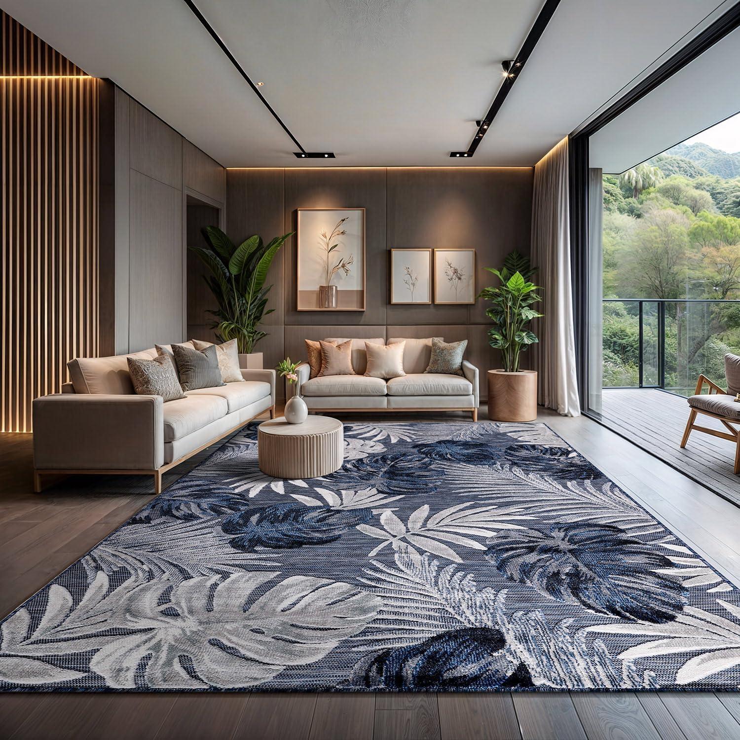 image:imageCAMILSON Indoor Outdoor Rug Navy 710x10 Leaf Tropical Botanical Area Rugs for Indoor and Outdoor patios EasyCleaning NonShedding Living Room Garden and Kitchen Washable Outside Carpet 8x103002 Navy