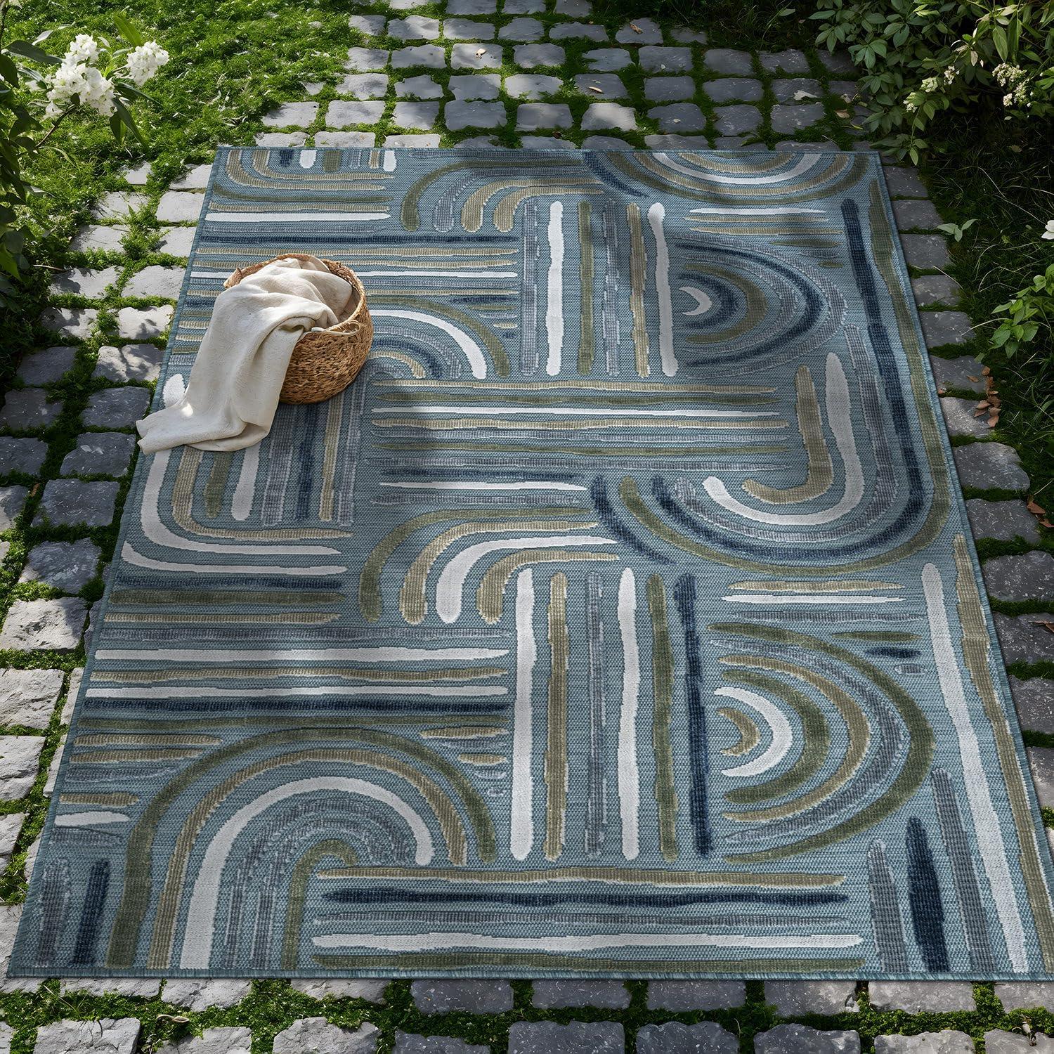 image:imageCAMILSON Indoor Outdoor Rug Navy 710x10 Leaf Tropical Botanical Area Rugs for Indoor and Outdoor patios EasyCleaning NonShedding Living Room Garden and Kitchen Washable Outside Carpet 8x103004 Aqua