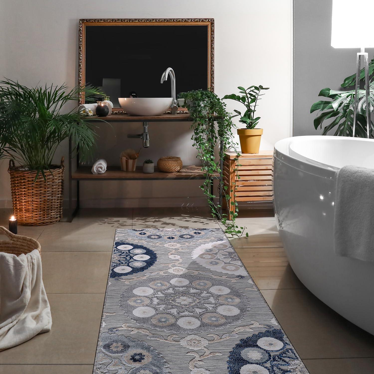 image:imageCAMILSON Indoor Outdoor Rug Navy 710x10 Leaf Tropical Botanical Area Rugs for Indoor and Outdoor patios EasyCleaning NonShedding Living Room Garden and Kitchen Washable Outside Carpet 8x103003 Blue