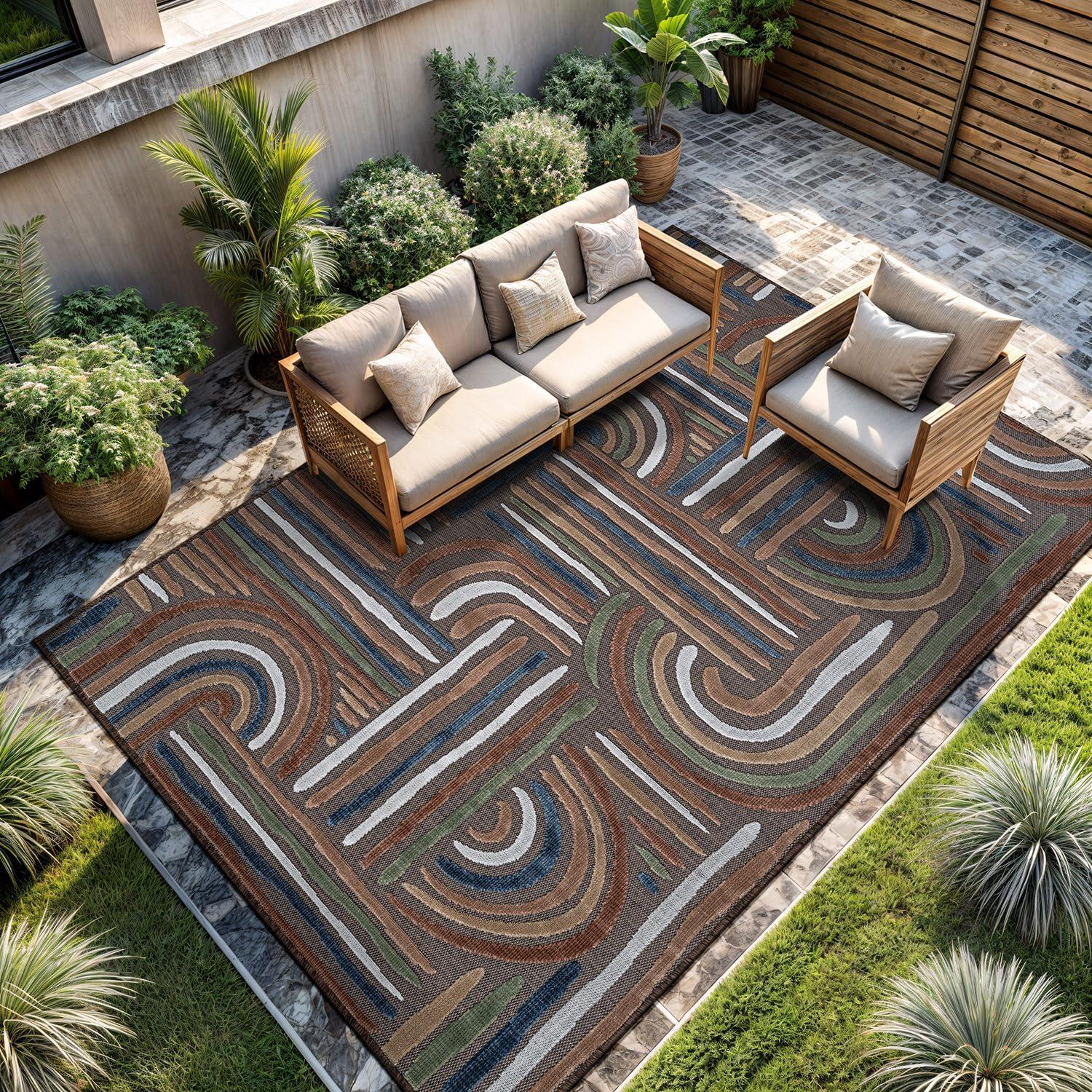 image:imageCAMILSON Indoor Outdoor Rug Navy 710x10 Leaf Tropical Botanical Area Rugs for Indoor and Outdoor patios EasyCleaning NonShedding Living Room Garden and Kitchen Washable Outside Carpet 8x103004 Brown