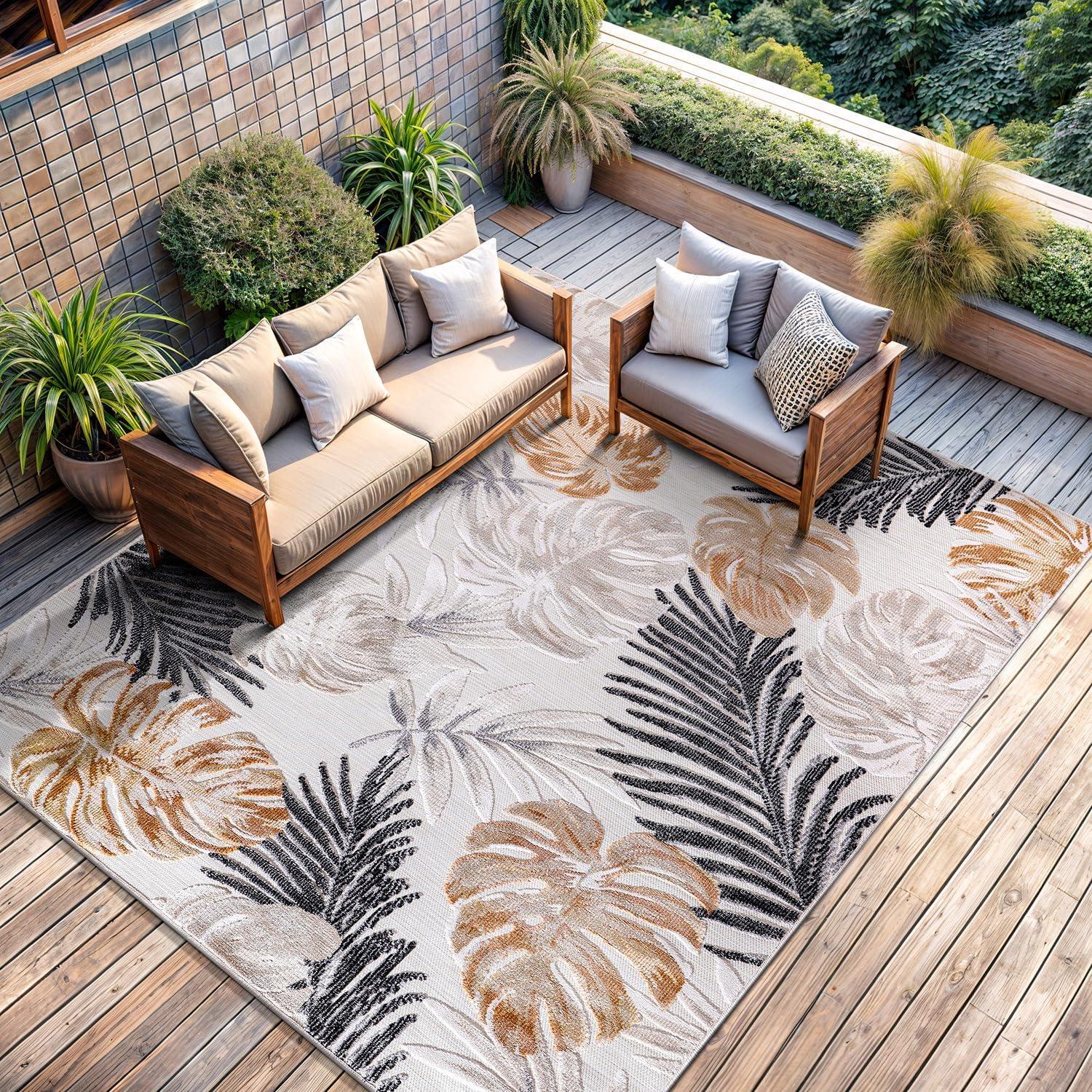 image:imageCAMILSON Indoor Outdoor Rug Navy 710x10 Leaf Tropical Botanical Area Rugs for Indoor and Outdoor patios EasyCleaning NonShedding Living Room Garden and Kitchen Washable Outside Carpet 8x103002 Yellow