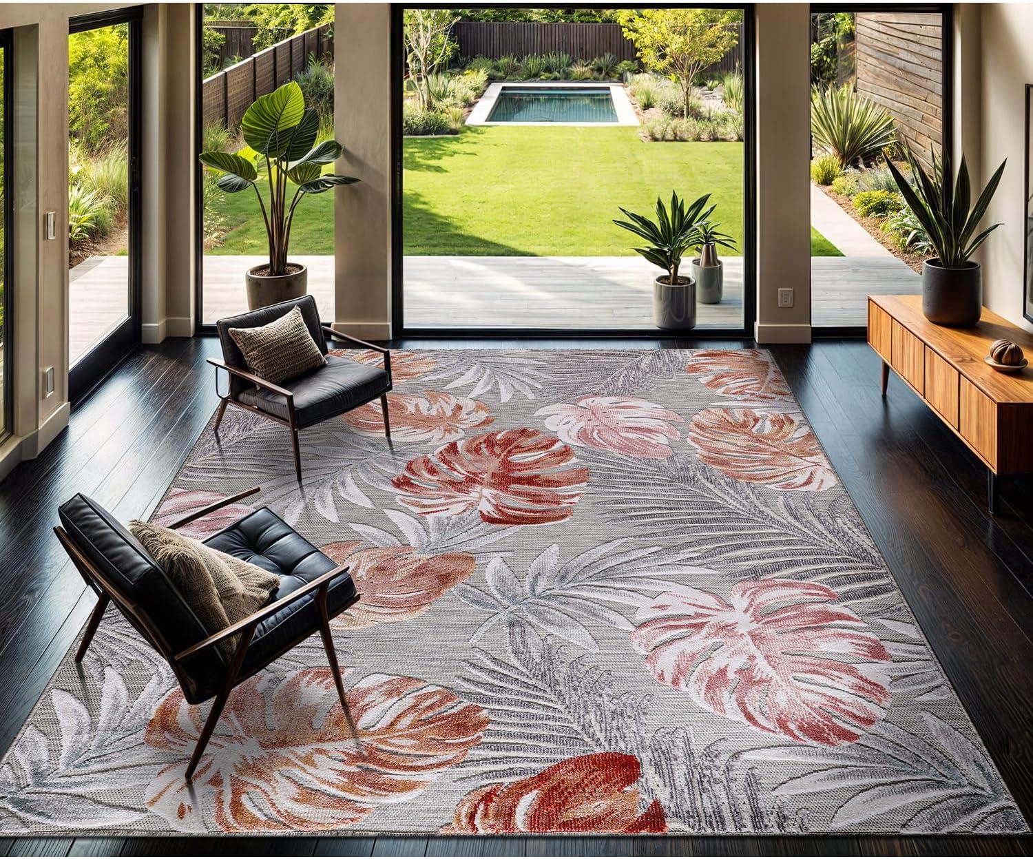 image:imageCAMILSON Indoor Outdoor Rug Navy 710x10 Leaf Tropical Botanical Area Rugs for Indoor and Outdoor patios EasyCleaning NonShedding Living Room Garden and Kitchen Washable Outside Carpet 8x103002 Multi Color