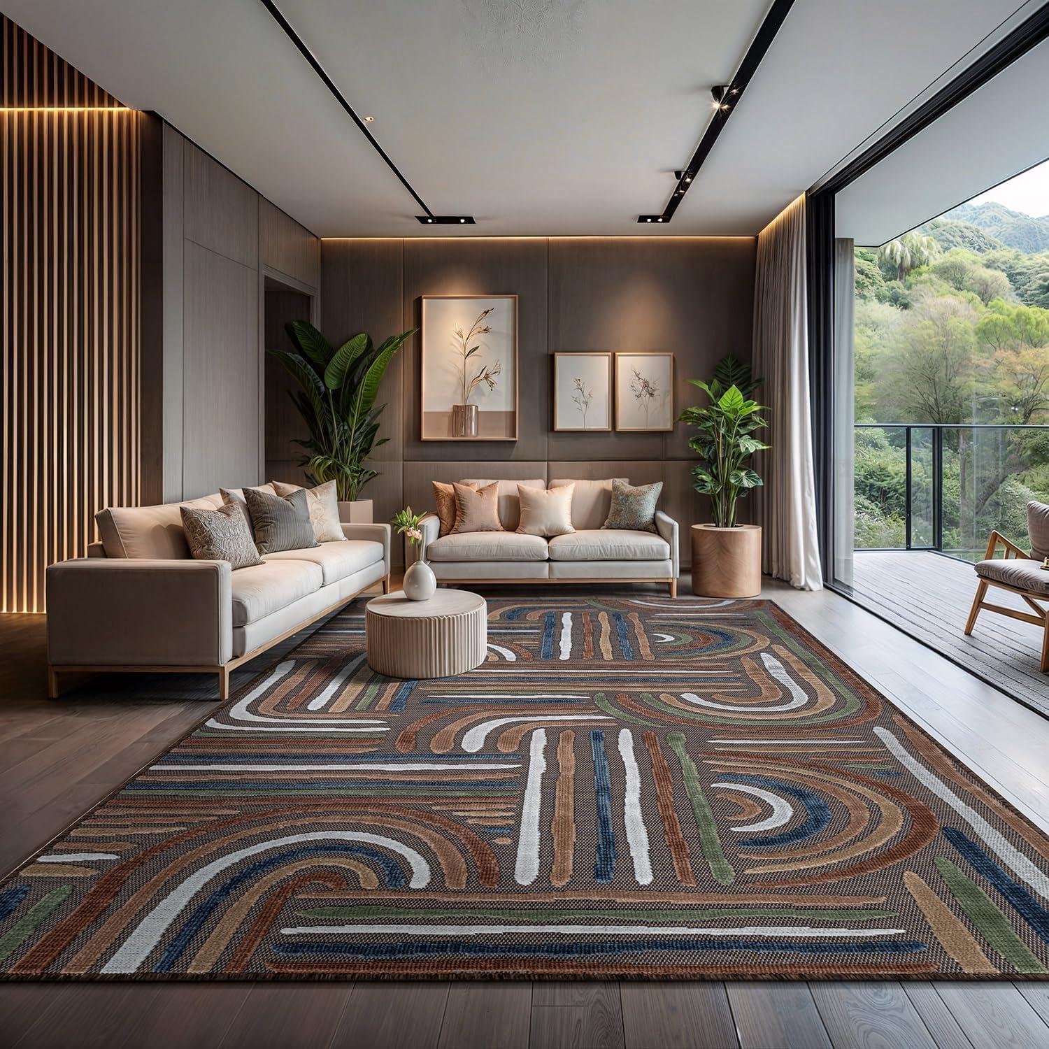 image:imageCAMILSON Indoor Outdoor Rug Navy 710x10 Leaf Tropical Botanical Area Rugs for Indoor and Outdoor patios EasyCleaning NonShedding Living Room Garden and Kitchen Washable Outside Carpet 8x103004 Brown