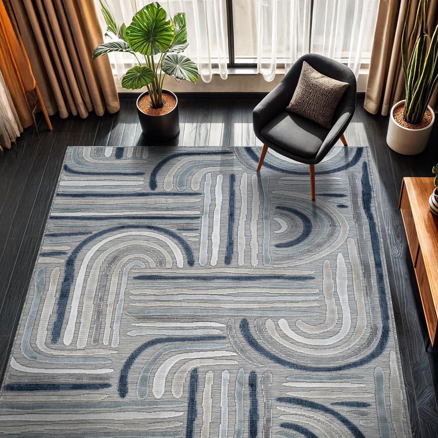 image:imageCAMILSON Indoor Outdoor Rug Navy 710x10 Leaf Tropical Botanical Area Rugs for Indoor and Outdoor patios EasyCleaning NonShedding Living Room Garden and Kitchen Washable Outside Carpet 8x103004 Blue