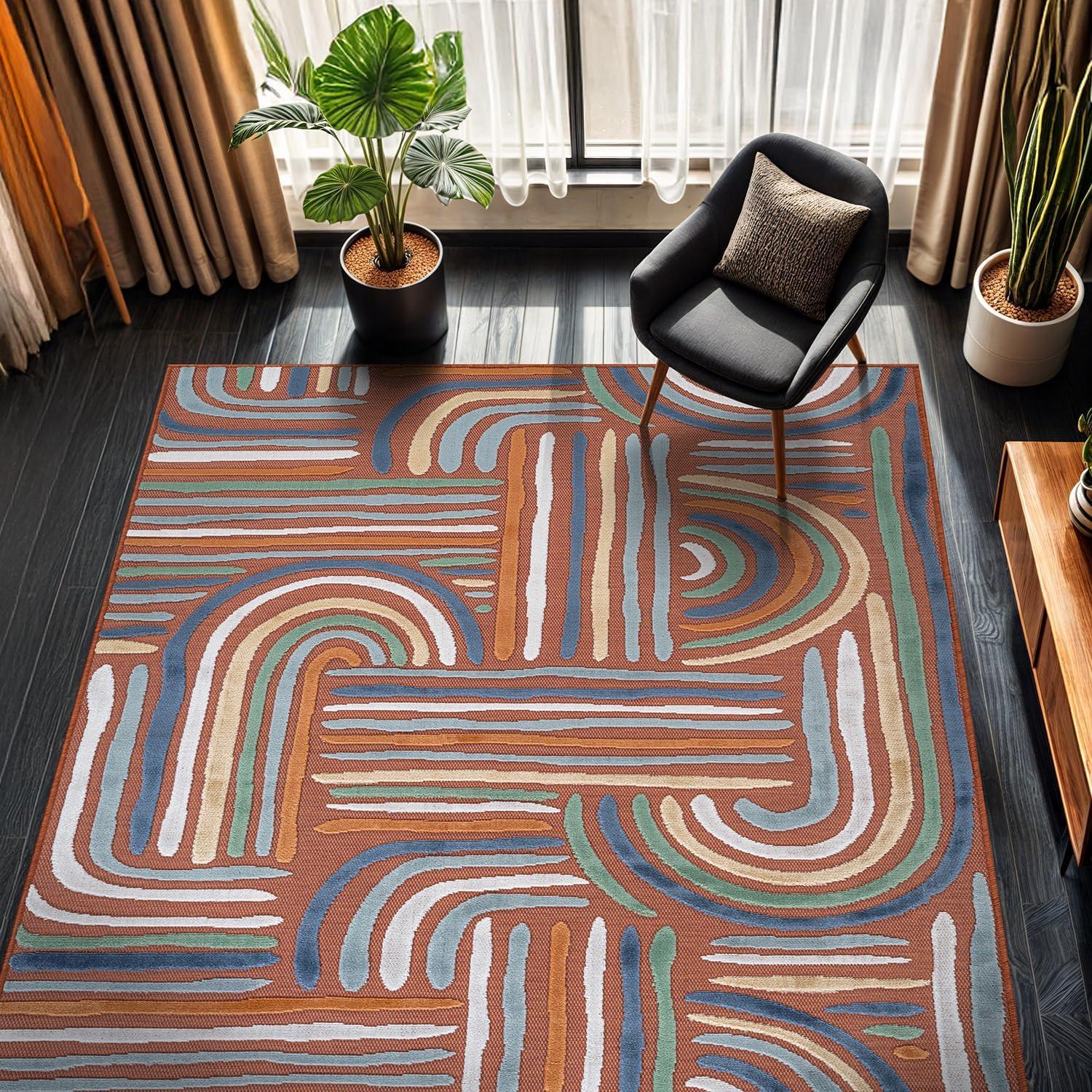 image:imageCAMILSON Indoor Outdoor Rug Navy 710x10 Leaf Tropical Botanical Area Rugs for Indoor and Outdoor patios EasyCleaning NonShedding Living Room Garden and Kitchen Washable Outside Carpet 8x103004 Orange