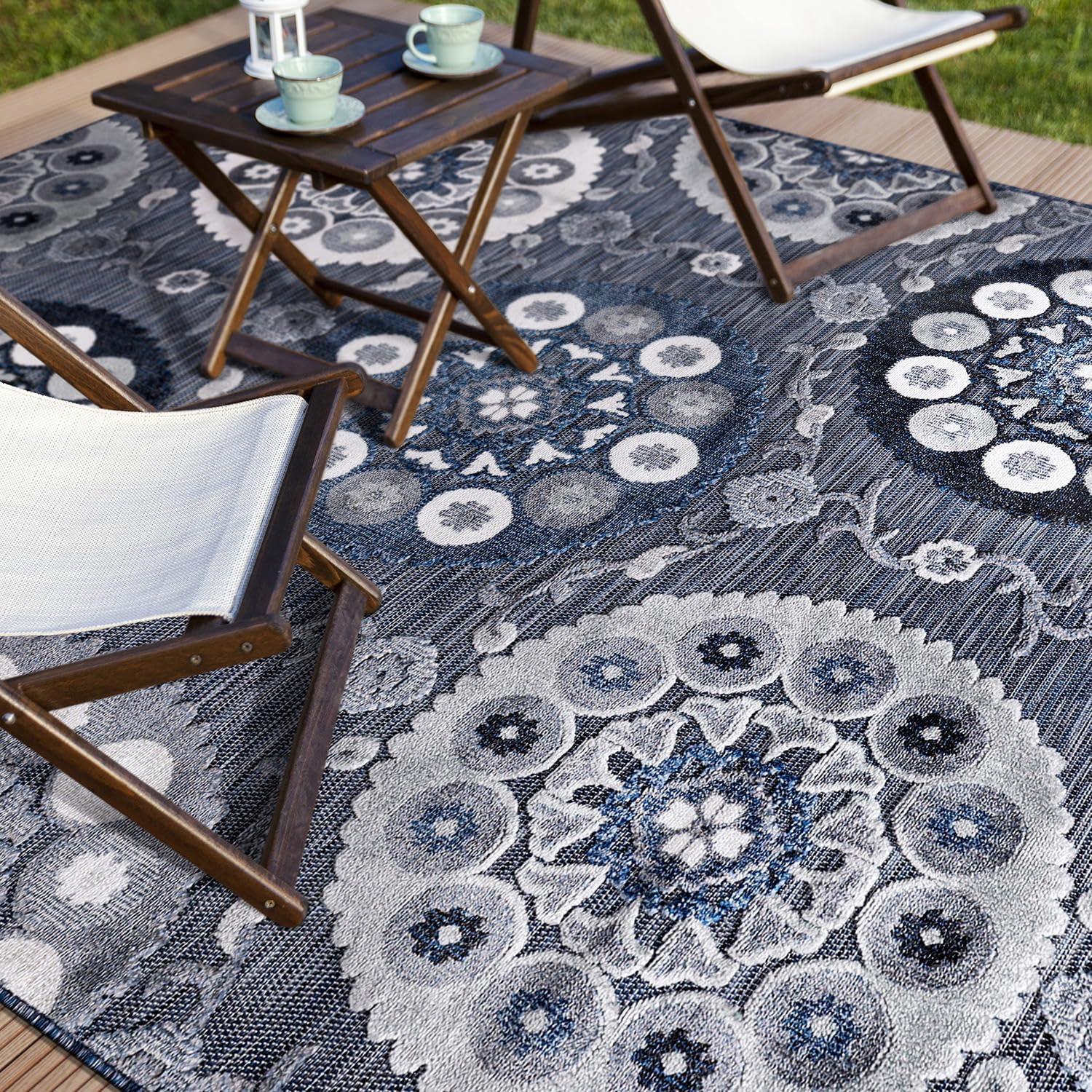 image:imageCAMILSON Indoor Outdoor Rug Navy 710x10 Leaf Tropical Botanical Area Rugs for Indoor and Outdoor patios EasyCleaning NonShedding Living Room Garden and Kitchen Washable Outside Carpet 8x103003 Navy