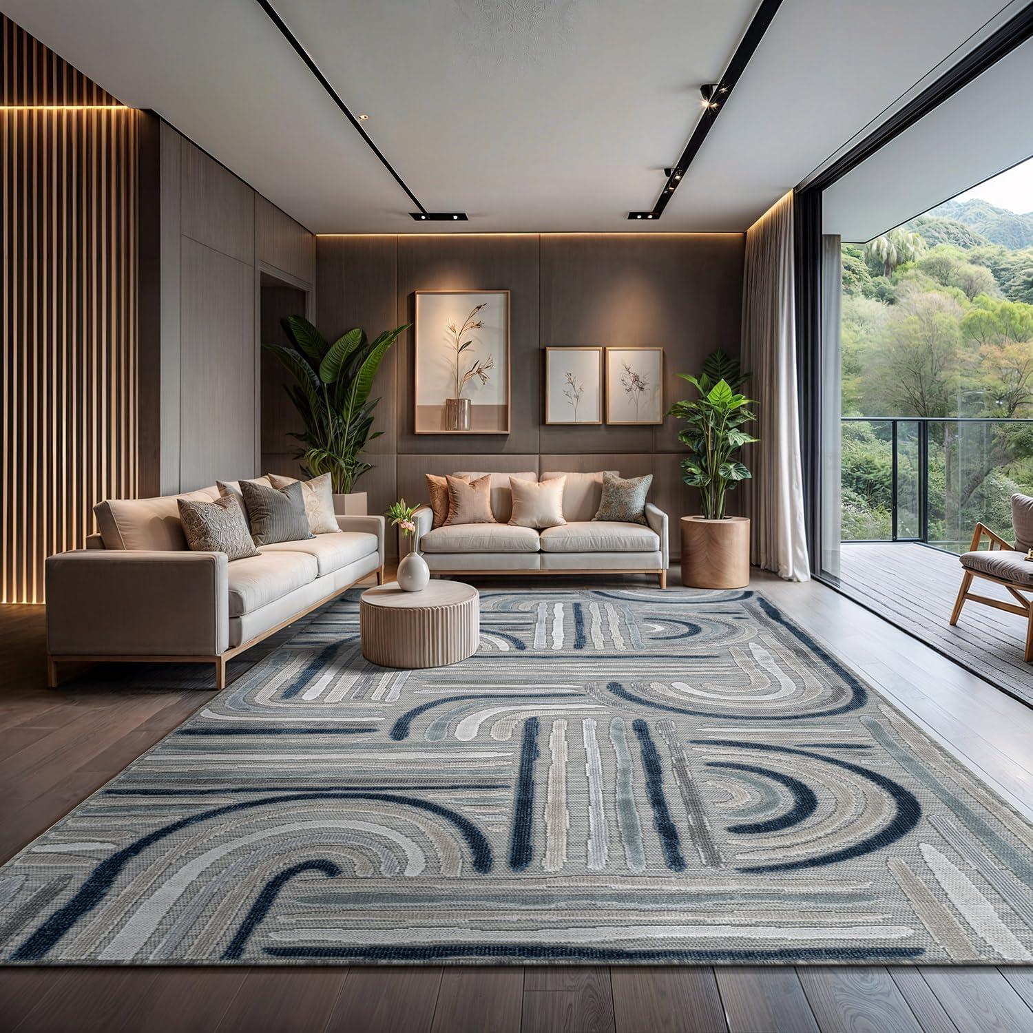 image:imageCAMILSON Indoor Outdoor Rug Navy 710x10 Leaf Tropical Botanical Area Rugs for Indoor and Outdoor patios EasyCleaning NonShedding Living Room Garden and Kitchen Washable Outside Carpet 8x103004 Blue
