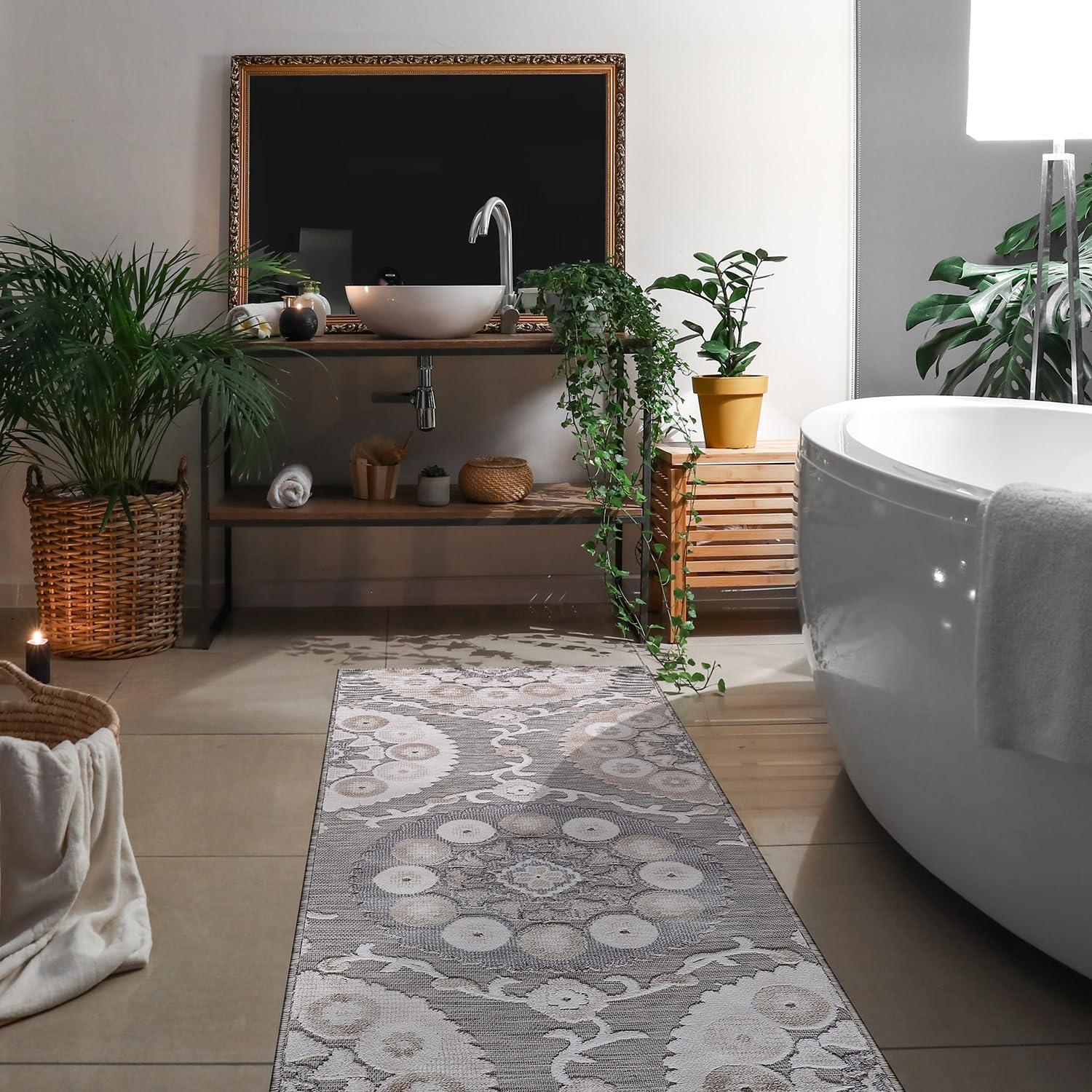 image:imageCAMILSON Indoor Outdoor Rug Navy 710x10 Leaf Tropical Botanical Area Rugs for Indoor and Outdoor patios EasyCleaning NonShedding Living Room Garden and Kitchen Washable Outside Carpet 8x103003 Beige