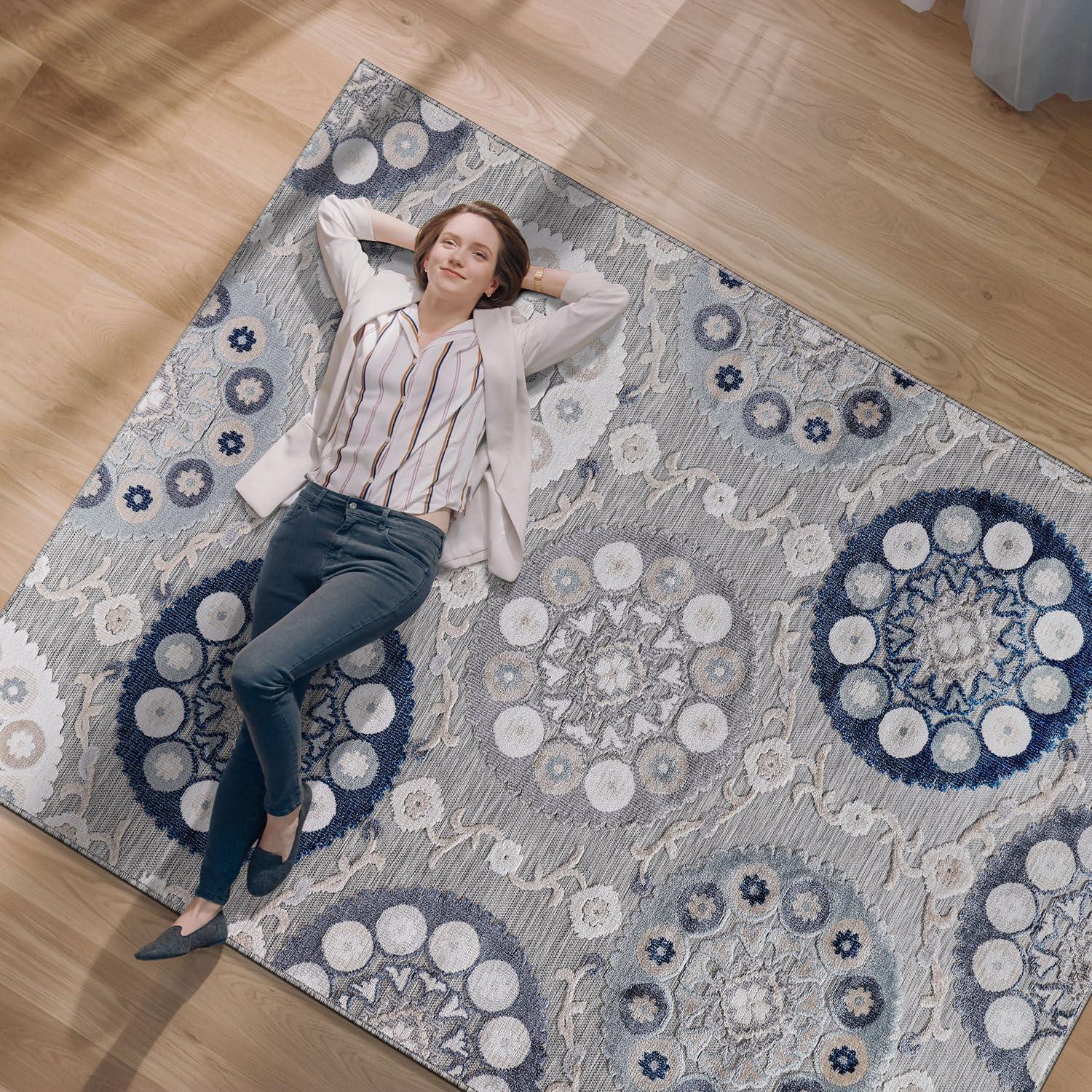image:imageCAMILSON Indoor Outdoor Rug Navy 710x10 Leaf Tropical Botanical Area Rugs for Indoor and Outdoor patios EasyCleaning NonShedding Living Room Garden and Kitchen Washable Outside Carpet 8x103003 Blue
