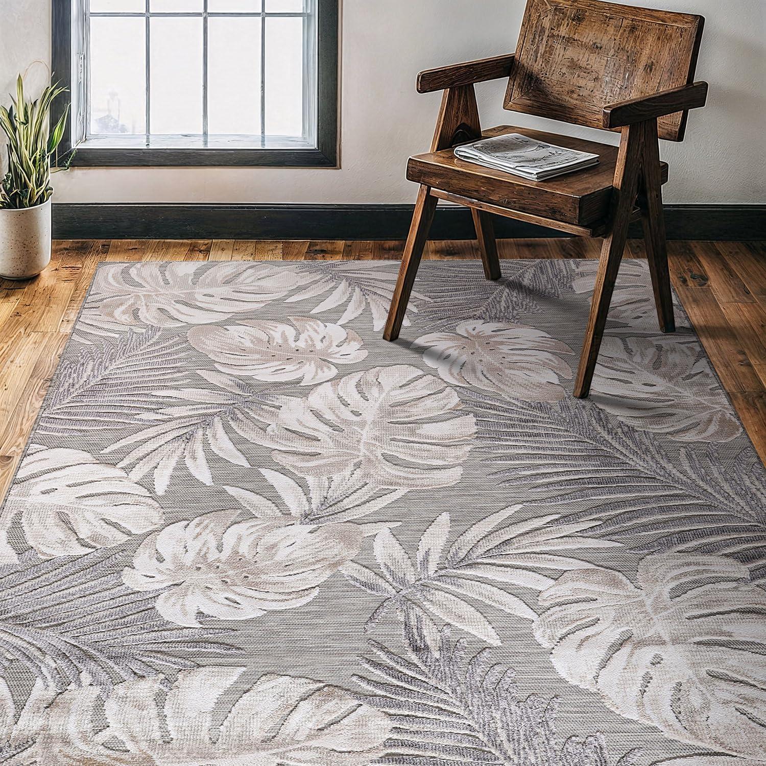 image:imageCAMILSON Indoor Outdoor Rug Navy 710x10 Leaf Tropical Botanical Area Rugs for Indoor and Outdoor patios EasyCleaning NonShedding Living Room Garden and Kitchen Washable Outside Carpet 8x103002 Beige