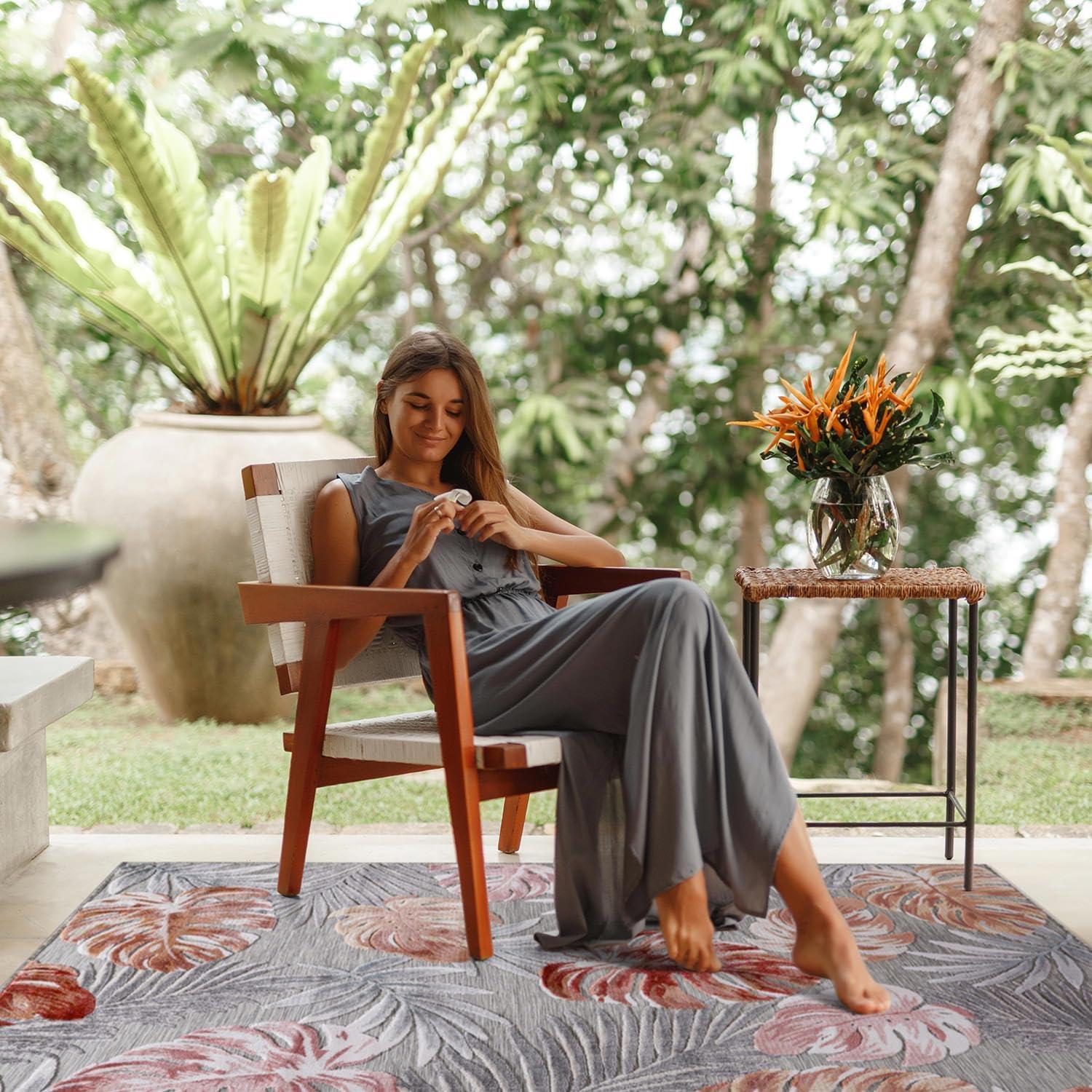 image:imageCAMILSON Indoor Outdoor Rug Navy 710x10 Leaf Tropical Botanical Area Rugs for Indoor and Outdoor patios EasyCleaning NonShedding Living Room Garden and Kitchen Washable Outside Carpet 8x103002 Multi Color