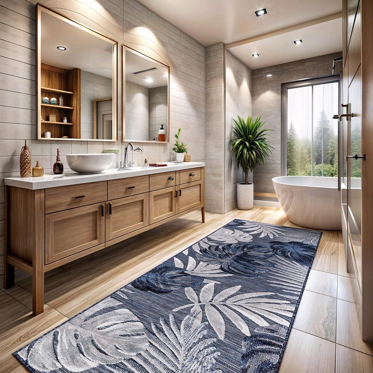 image:imageCAMILSON Indoor Outdoor Rug Navy 710x10 Leaf Tropical Botanical Area Rugs for Indoor and Outdoor patios EasyCleaning NonShedding Living Room Garden and Kitchen Washable Outside Carpet 8x103002 Navy