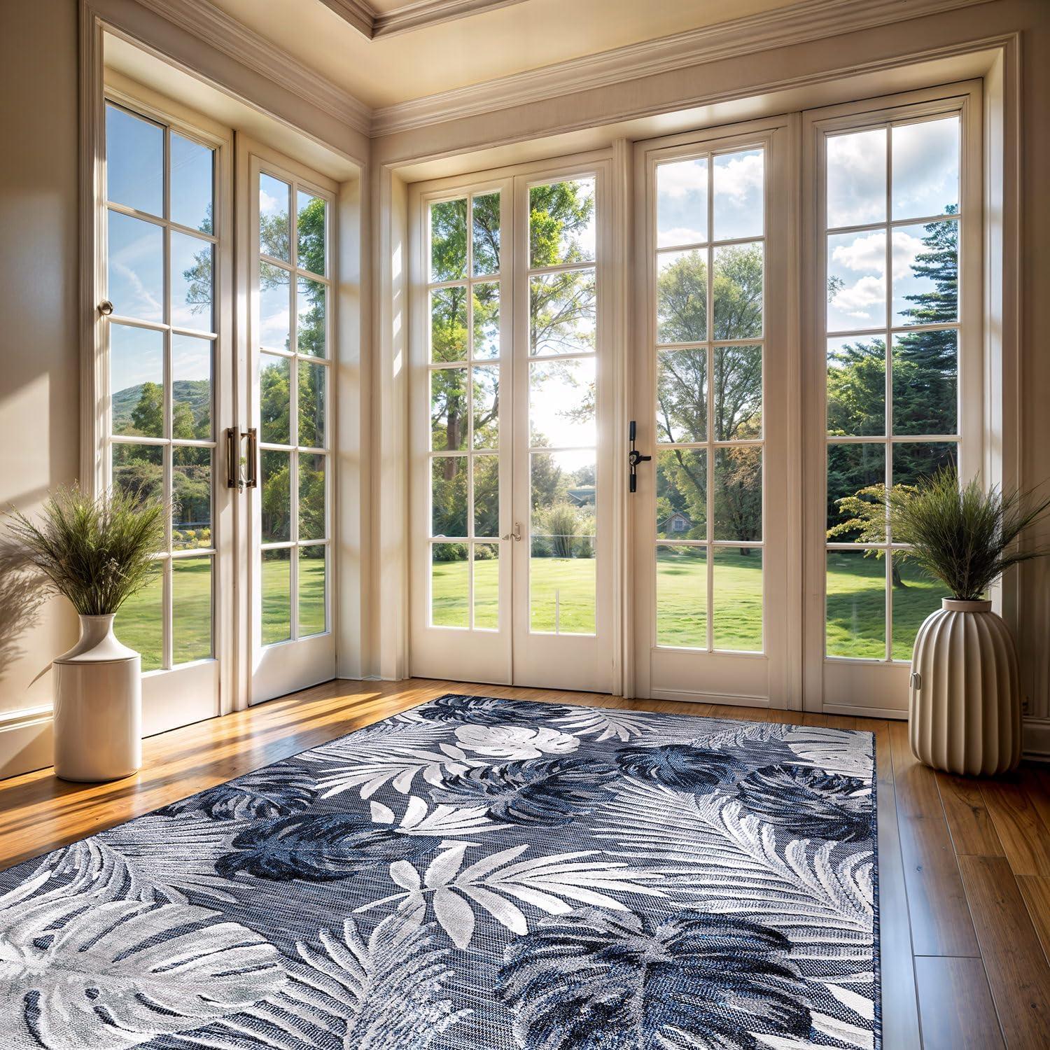 image:imageCAMILSON Indoor Outdoor Rug Navy 710x10 Leaf Tropical Botanical Area Rugs for Indoor and Outdoor patios EasyCleaning NonShedding Living Room Garden and Kitchen Washable Outside Carpet 8x103002 Navy