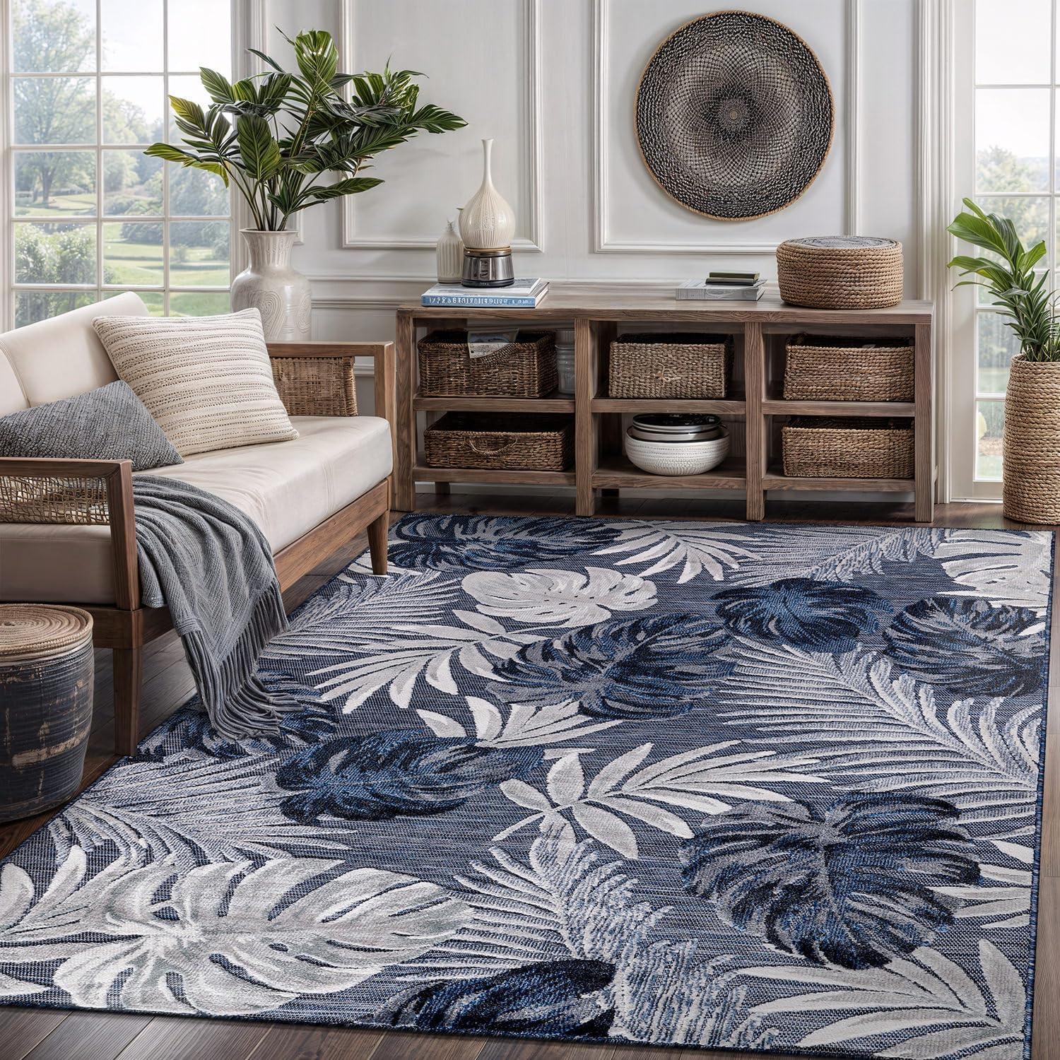 image:imageCAMILSON Indoor Outdoor Rug Navy 710x10 Leaf Tropical Botanical Area Rugs for Indoor and Outdoor patios EasyCleaning NonShedding Living Room Garden and Kitchen Washable Outside Carpet 8x103002 Navy