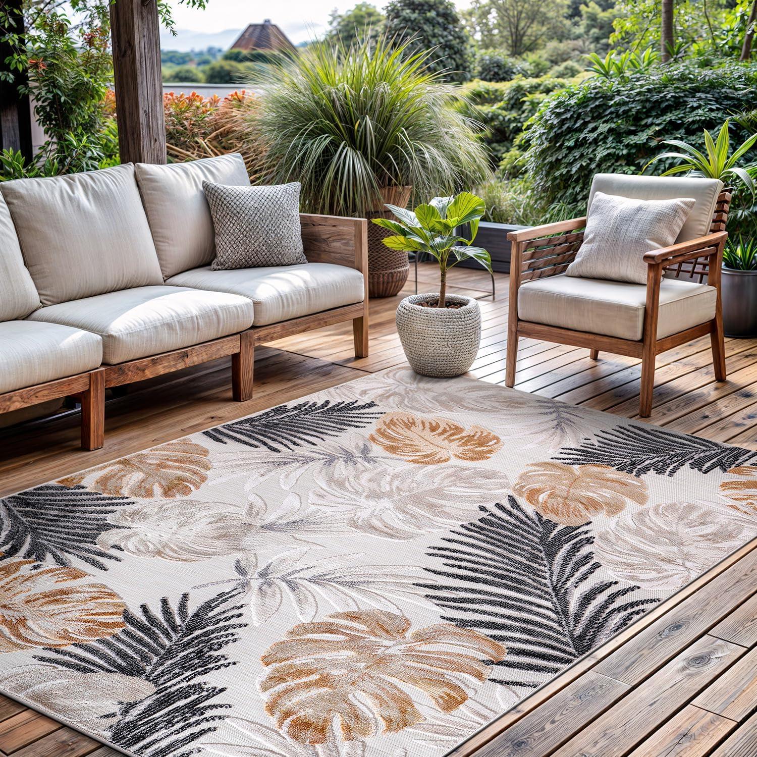 image:imageCAMILSON Indoor Outdoor Rug Navy 710x10 Leaf Tropical Botanical Area Rugs for Indoor and Outdoor patios EasyCleaning NonShedding Living Room Garden and Kitchen Washable Outside Carpet 8x103002 Yellow