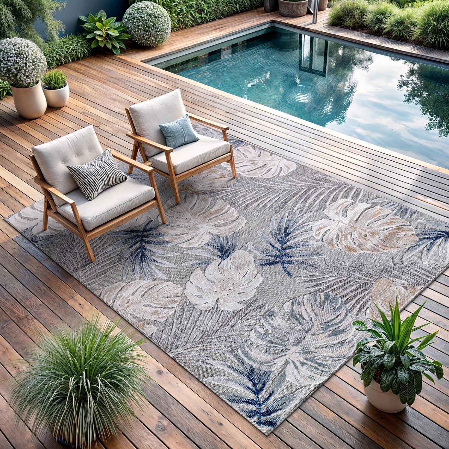 image:imageCAMILSON Indoor Outdoor Rug Navy 710x10 Leaf Tropical Botanical Area Rugs for Indoor and Outdoor patios EasyCleaning NonShedding Living Room Garden and Kitchen Washable Outside Carpet 8x103002 Blue