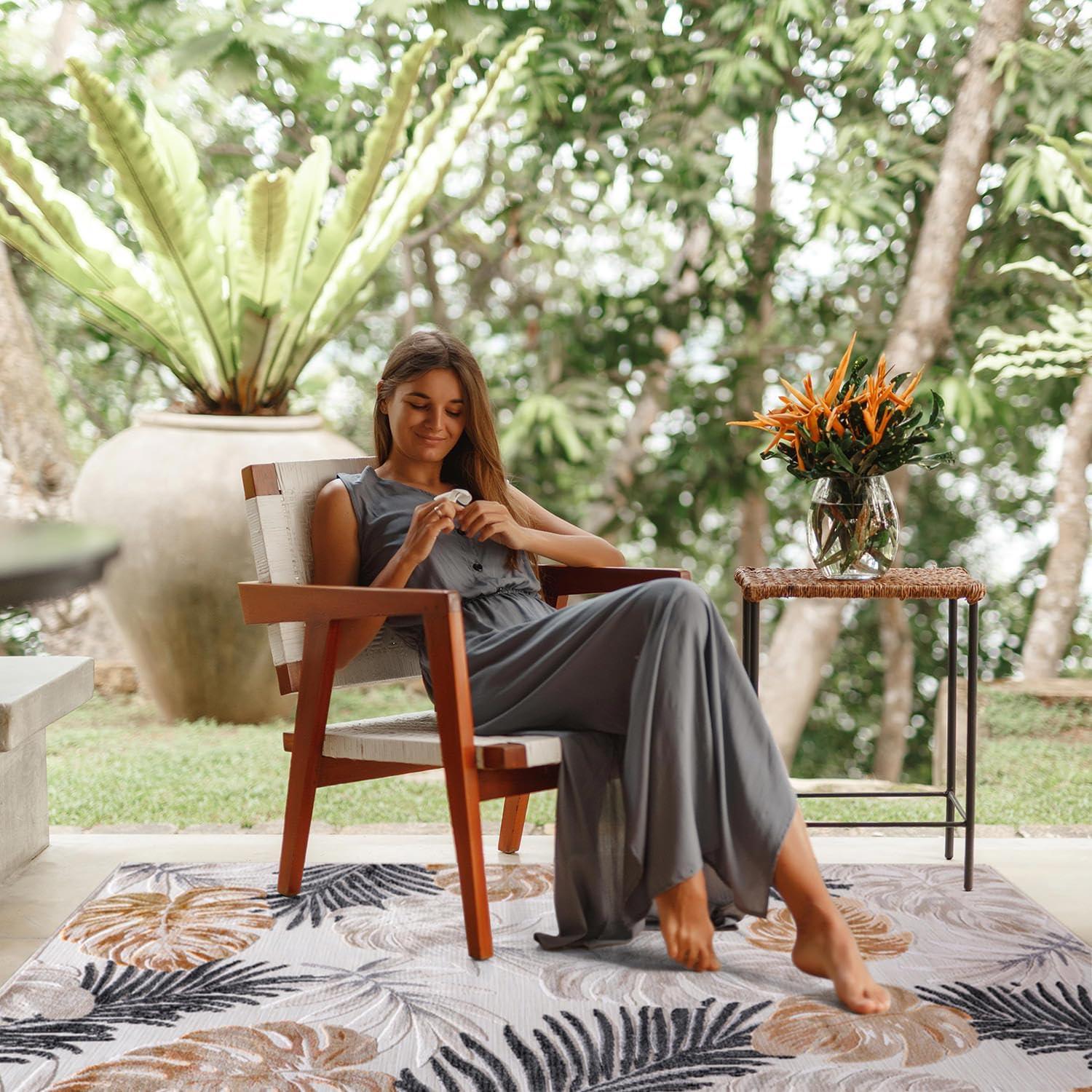 image:imageCAMILSON Indoor Outdoor Rug Navy 710x10 Leaf Tropical Botanical Area Rugs for Indoor and Outdoor patios EasyCleaning NonShedding Living Room Garden and Kitchen Washable Outside Carpet 8x103002 Yellow