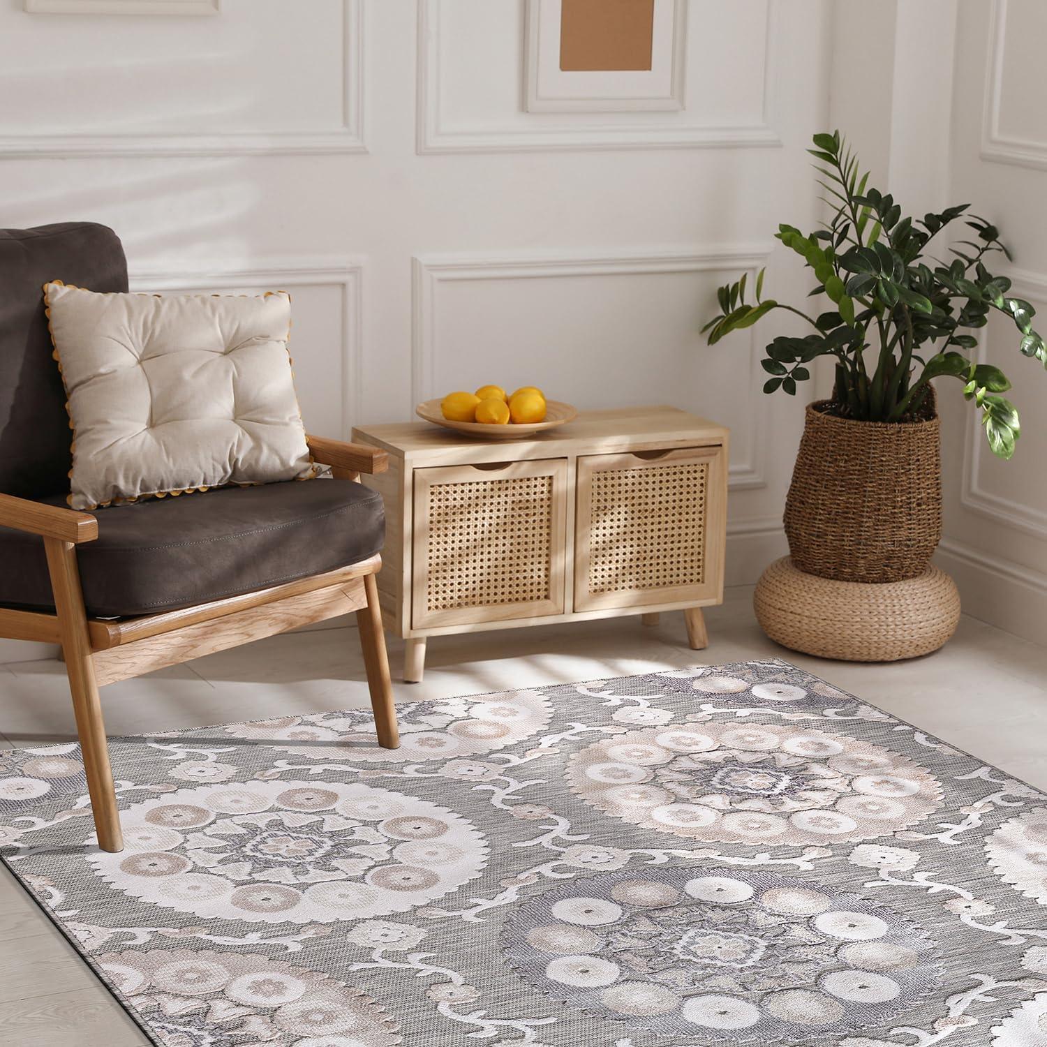 image:imageCAMILSON Indoor Outdoor Rug Navy 710x10 Leaf Tropical Botanical Area Rugs for Indoor and Outdoor patios EasyCleaning NonShedding Living Room Garden and Kitchen Washable Outside Carpet 8x103003 Beige