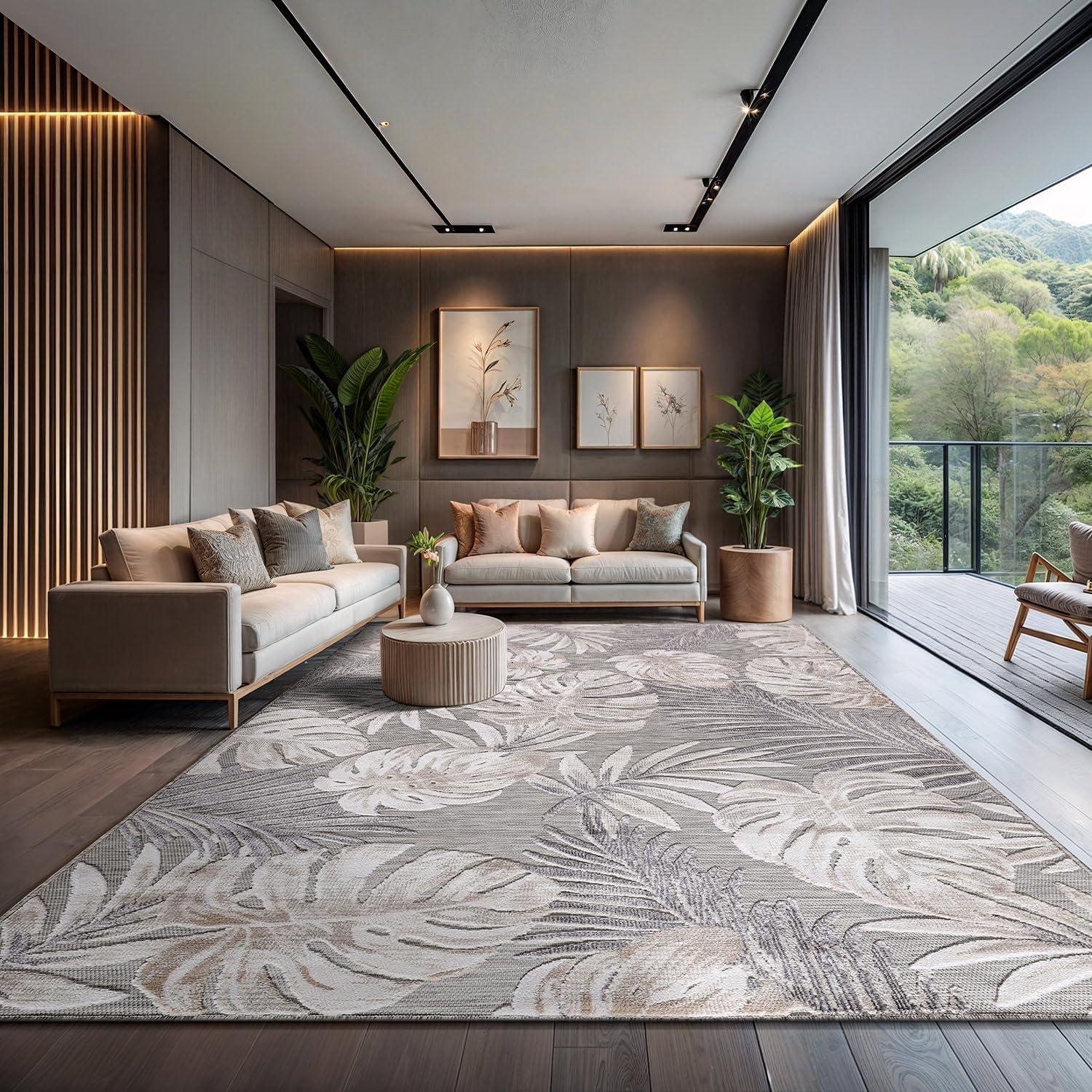 image:imageCAMILSON Indoor Outdoor Rug Navy 710x10 Leaf Tropical Botanical Area Rugs for Indoor and Outdoor patios EasyCleaning NonShedding Living Room Garden and Kitchen Washable Outside Carpet 8x103002 Beige