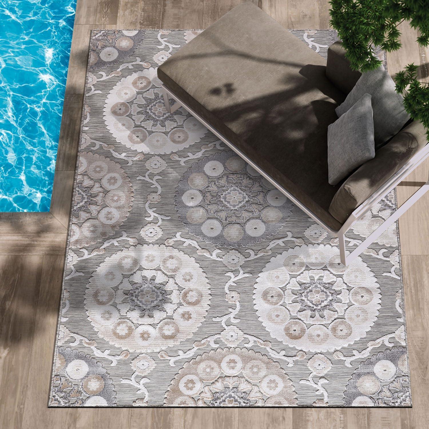 image:imageCAMILSON Indoor Outdoor Rug Navy 710x10 Leaf Tropical Botanical Area Rugs for Indoor and Outdoor patios EasyCleaning NonShedding Living Room Garden and Kitchen Washable Outside Carpet 8x103003 Beige