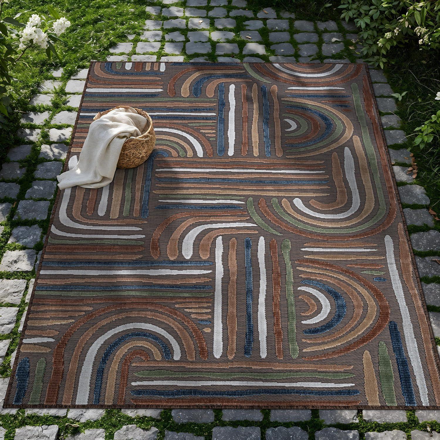 image:imageCAMILSON Indoor Outdoor Rug Navy 710x10 Leaf Tropical Botanical Area Rugs for Indoor and Outdoor patios EasyCleaning NonShedding Living Room Garden and Kitchen Washable Outside Carpet 8x103004 Brown