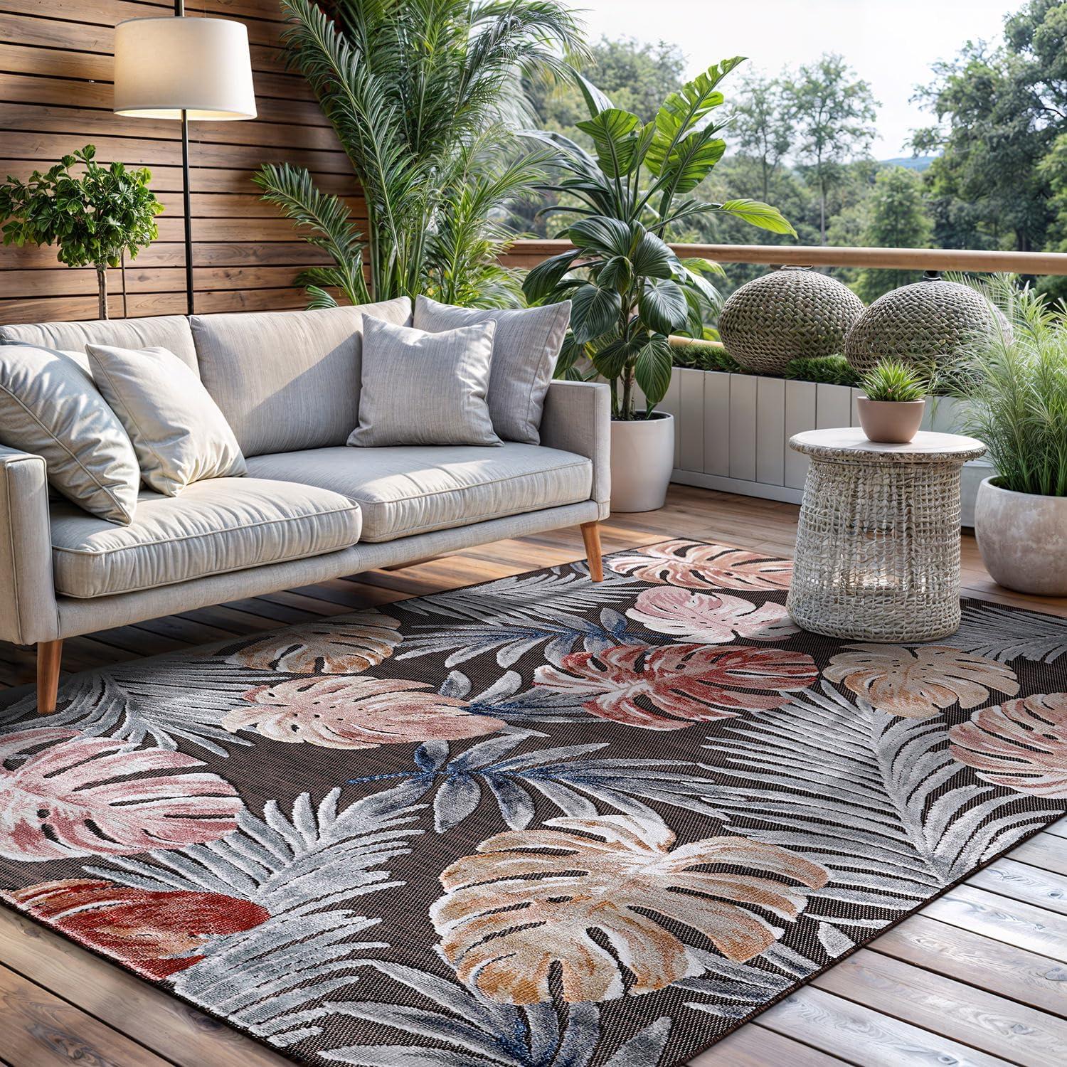 image:imageCAMILSON Indoor Outdoor Rug Navy 710x10 Leaf Tropical Botanical Area Rugs for Indoor and Outdoor patios EasyCleaning NonShedding Living Room Garden and Kitchen Washable Outside Carpet 8x103002 Brown