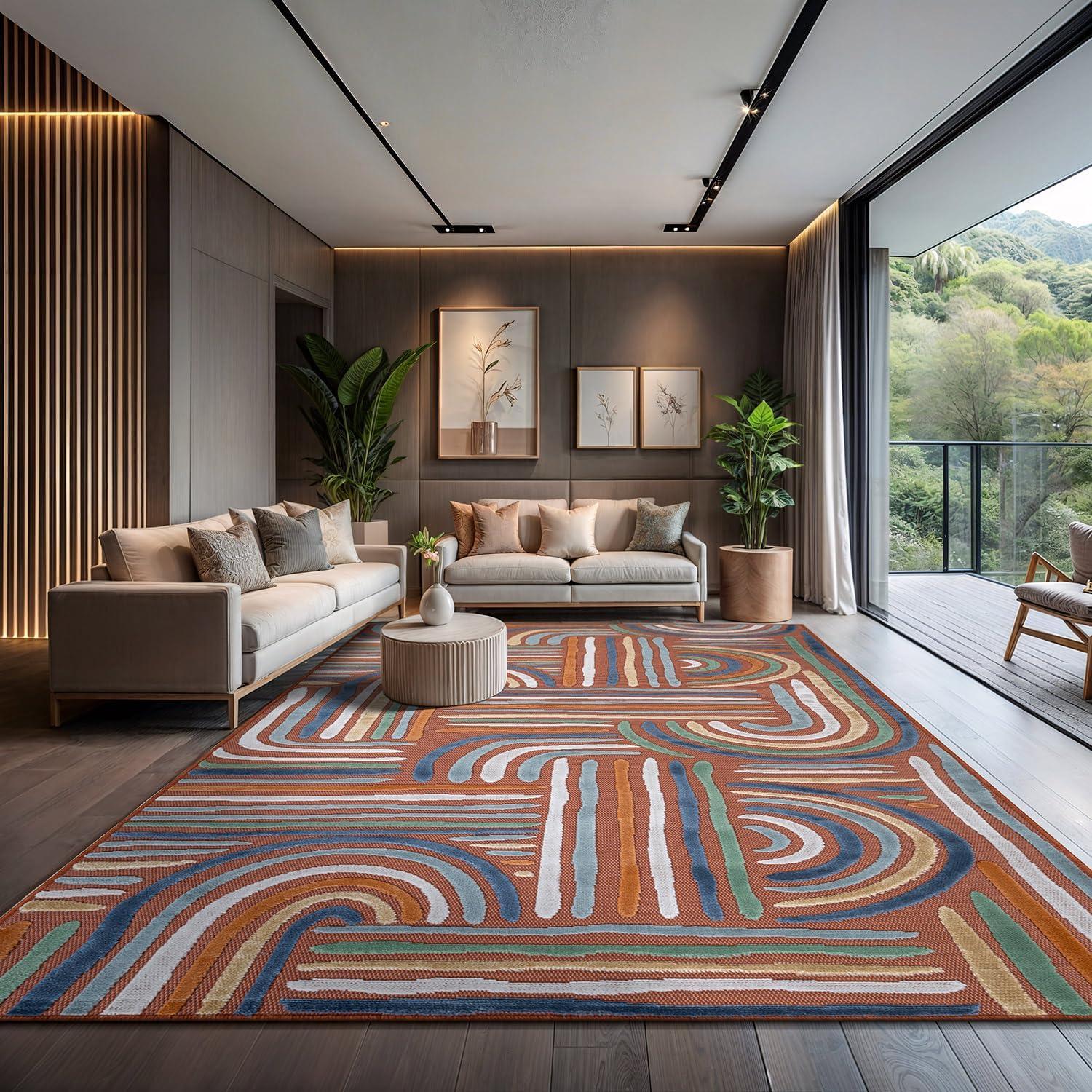 image:imageCAMILSON Indoor Outdoor Rug Navy 710x10 Leaf Tropical Botanical Area Rugs for Indoor and Outdoor patios EasyCleaning NonShedding Living Room Garden and Kitchen Washable Outside Carpet 8x103004 Orange