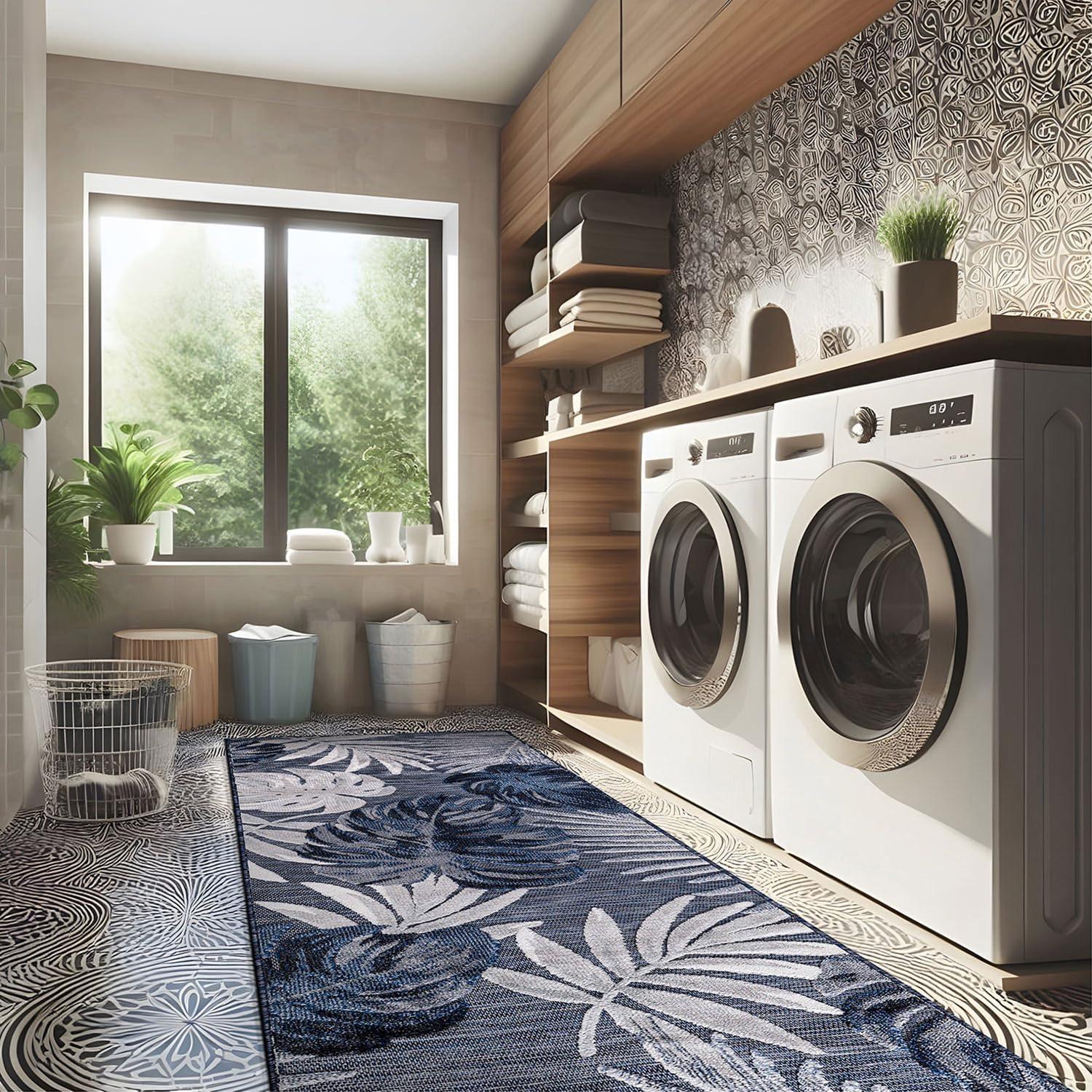 image:imageCAMILSON Indoor Outdoor Rug Navy 710x10 Leaf Tropical Botanical Area Rugs for Indoor and Outdoor patios EasyCleaning NonShedding Living Room Garden and Kitchen Washable Outside Carpet 8x103002 Navy
