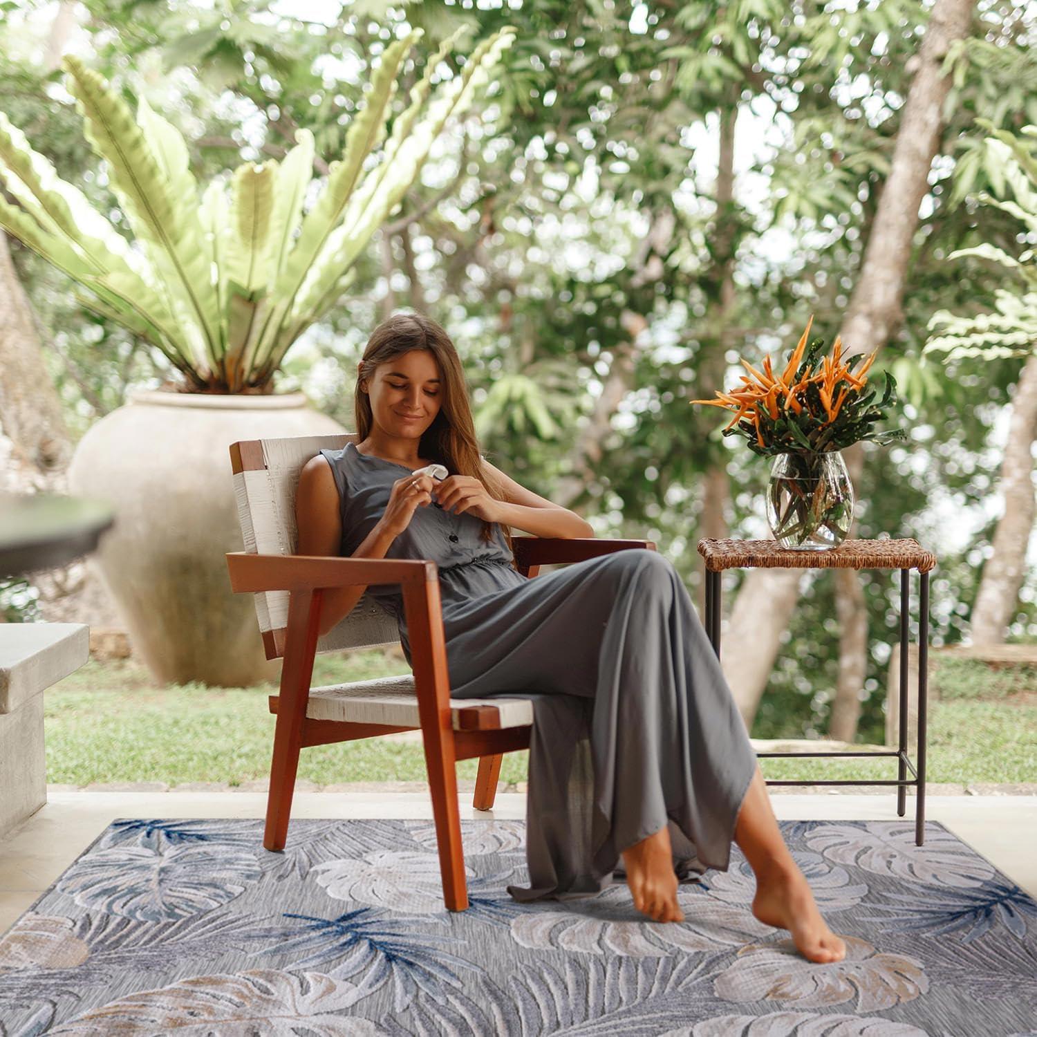 image:imageCAMILSON Indoor Outdoor Rug Navy 710x10 Leaf Tropical Botanical Area Rugs for Indoor and Outdoor patios EasyCleaning NonShedding Living Room Garden and Kitchen Washable Outside Carpet 8x103002 Blue