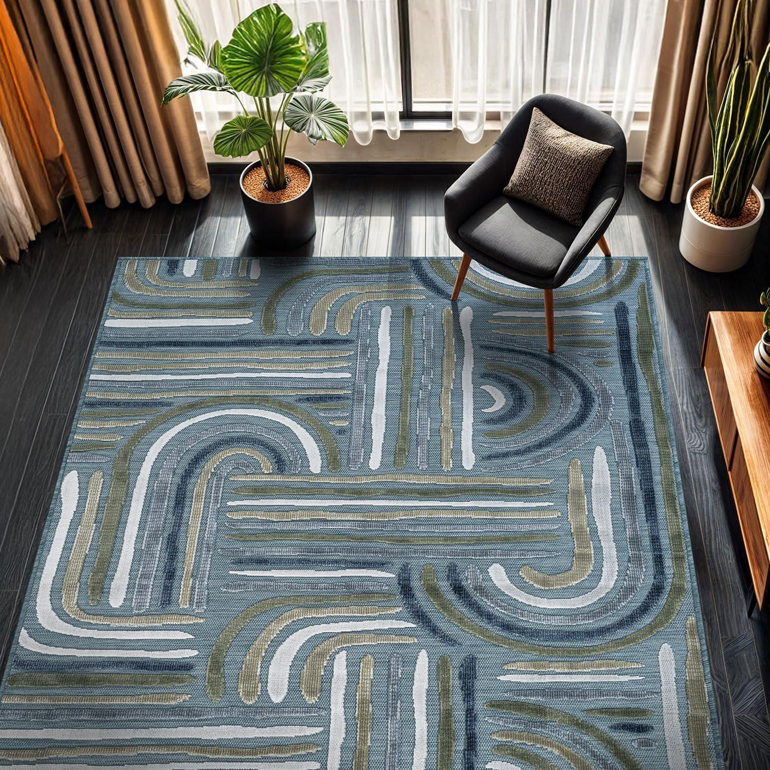 image:imageCAMILSON Indoor Outdoor Rug Navy 710x10 Leaf Tropical Botanical Area Rugs for Indoor and Outdoor patios EasyCleaning NonShedding Living Room Garden and Kitchen Washable Outside Carpet 8x103004 Aqua