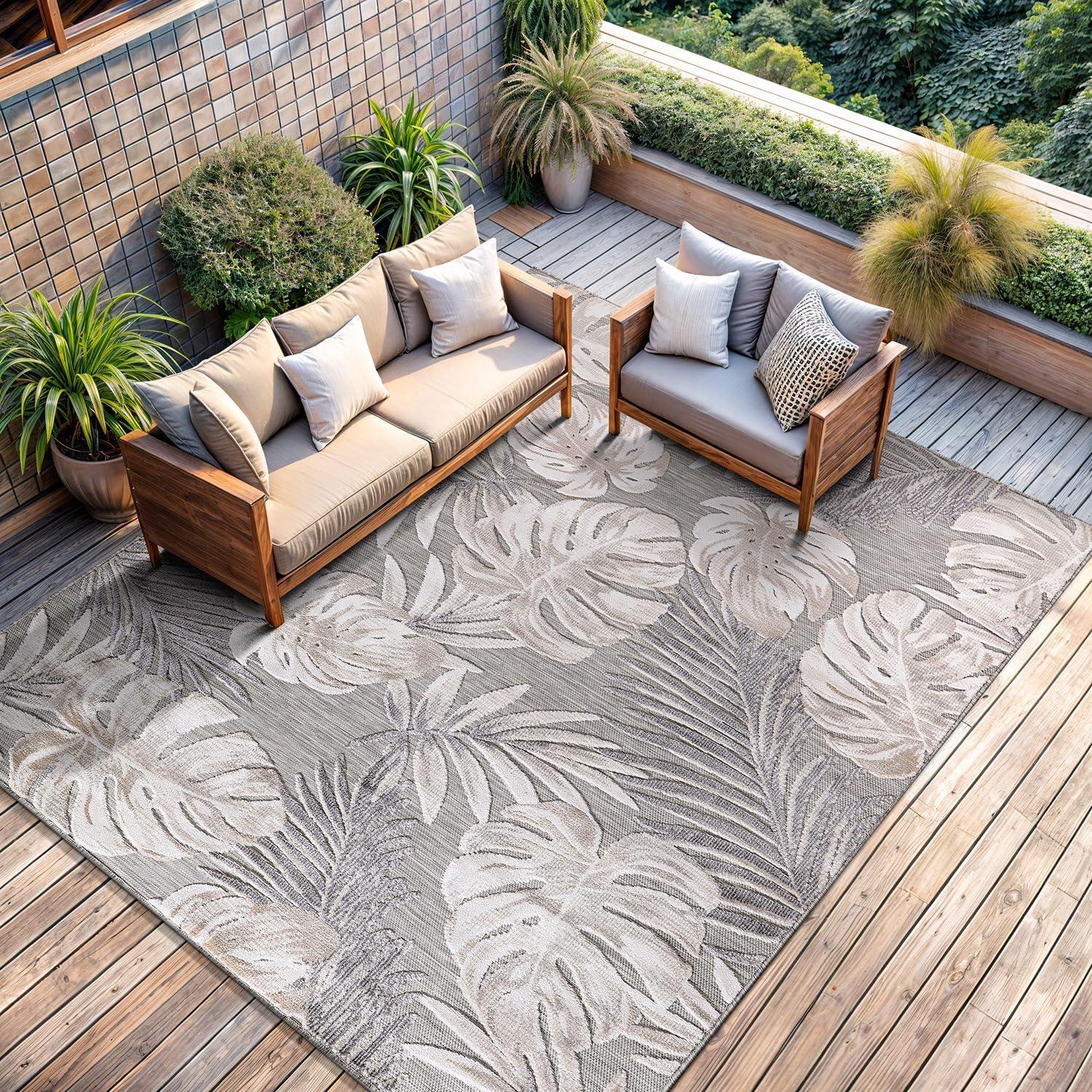 image:imageCAMILSON Indoor Outdoor Rug Navy 710x10 Leaf Tropical Botanical Area Rugs for Indoor and Outdoor patios EasyCleaning NonShedding Living Room Garden and Kitchen Washable Outside Carpet 8x103002 Beige