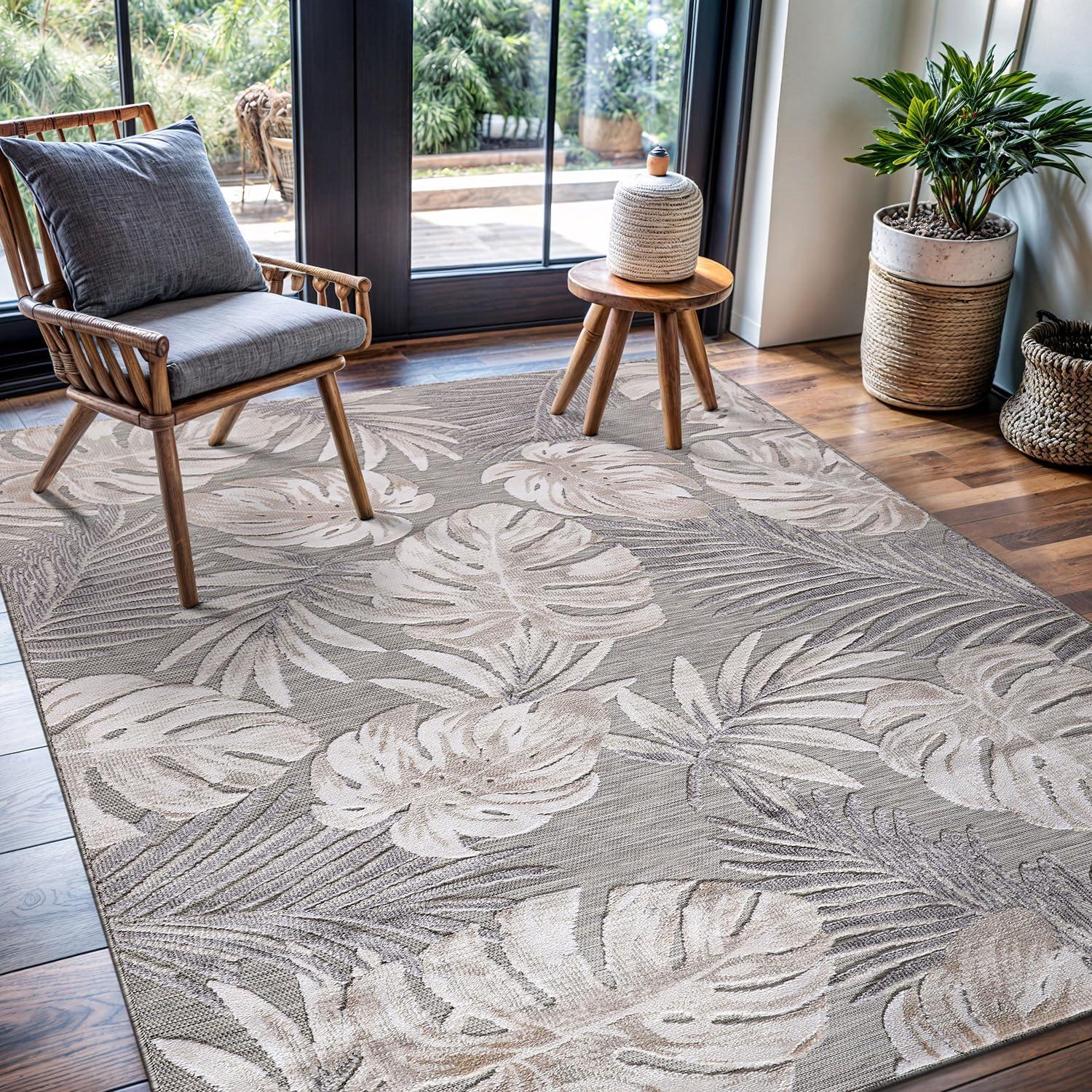 image:imageCAMILSON Indoor Outdoor Rug Navy 710x10 Leaf Tropical Botanical Area Rugs for Indoor and Outdoor patios EasyCleaning NonShedding Living Room Garden and Kitchen Washable Outside Carpet 8x103002 Beige