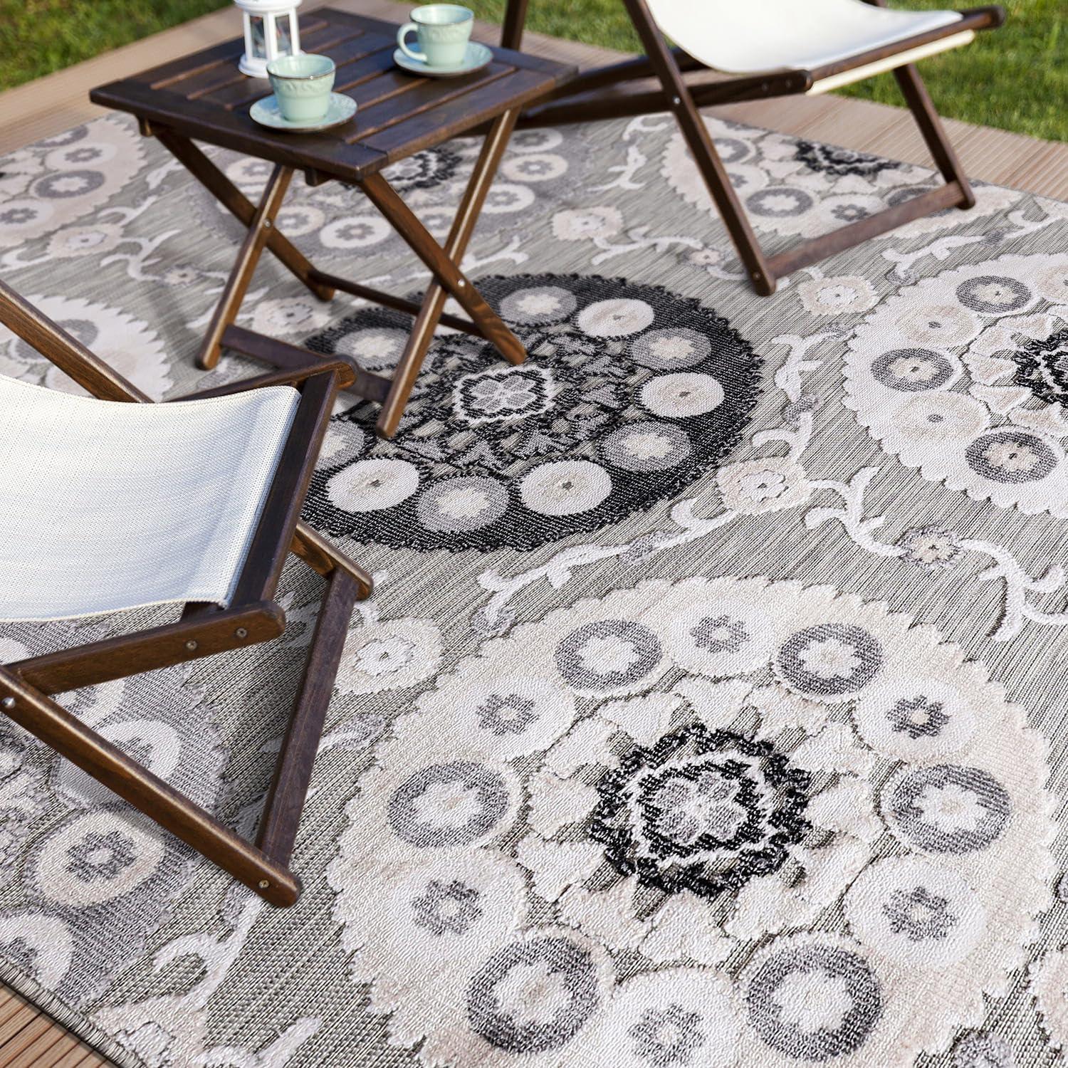 image:imageCAMILSON Indoor Outdoor Rug Navy 710x10 Leaf Tropical Botanical Area Rugs for Indoor and Outdoor patios EasyCleaning NonShedding Living Room Garden and Kitchen Washable Outside Carpet 8x103003 Gray