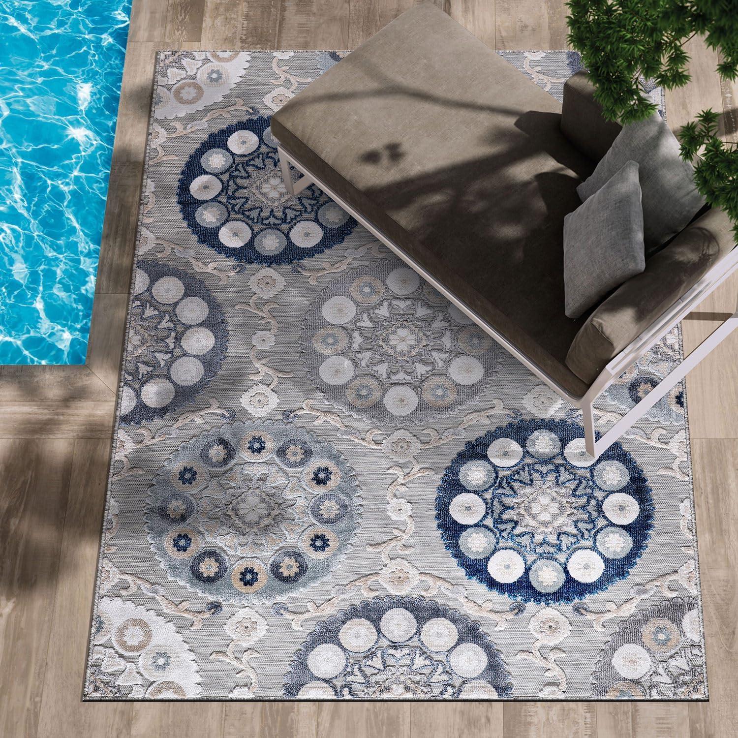 image:imageCAMILSON Indoor Outdoor Rug Navy 710x10 Leaf Tropical Botanical Area Rugs for Indoor and Outdoor patios EasyCleaning NonShedding Living Room Garden and Kitchen Washable Outside Carpet 8x103003 Blue