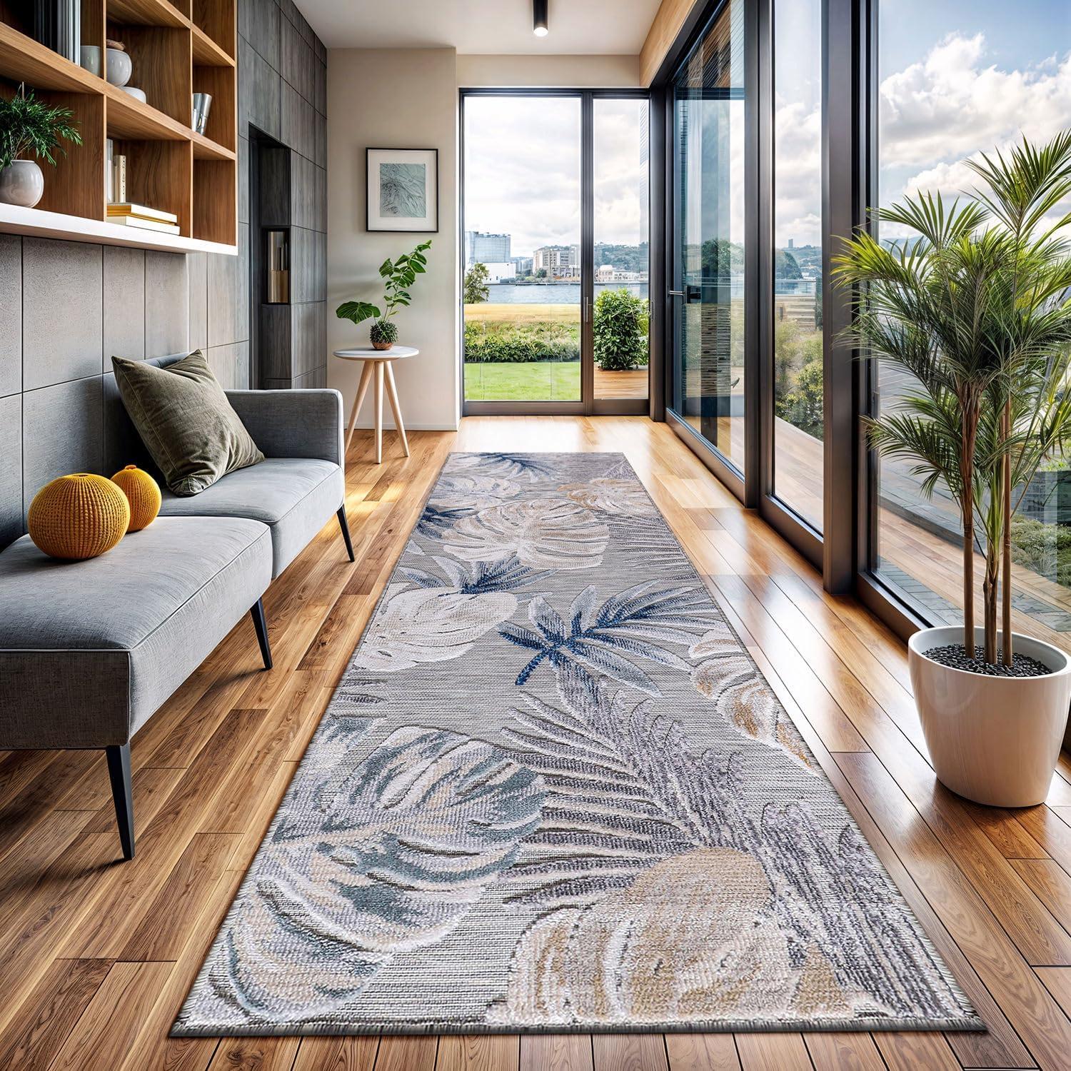image:imageCAMILSON Indoor Outdoor Rug Navy 710x10 Leaf Tropical Botanical Area Rugs for Indoor and Outdoor patios EasyCleaning NonShedding Living Room Garden and Kitchen Washable Outside Carpet 8x103002 Blue