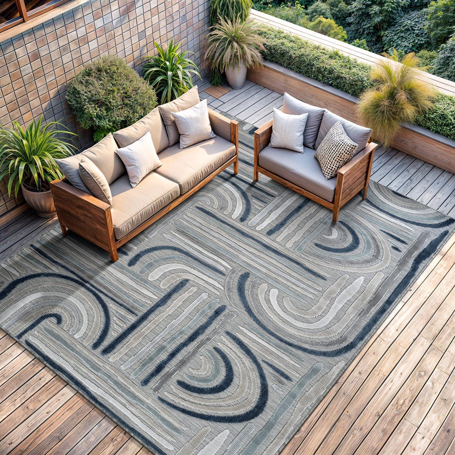 image:imageCAMILSON Indoor Outdoor Rug Navy 710x10 Leaf Tropical Botanical Area Rugs for Indoor and Outdoor patios EasyCleaning NonShedding Living Room Garden and Kitchen Washable Outside Carpet 8x103004 Blue