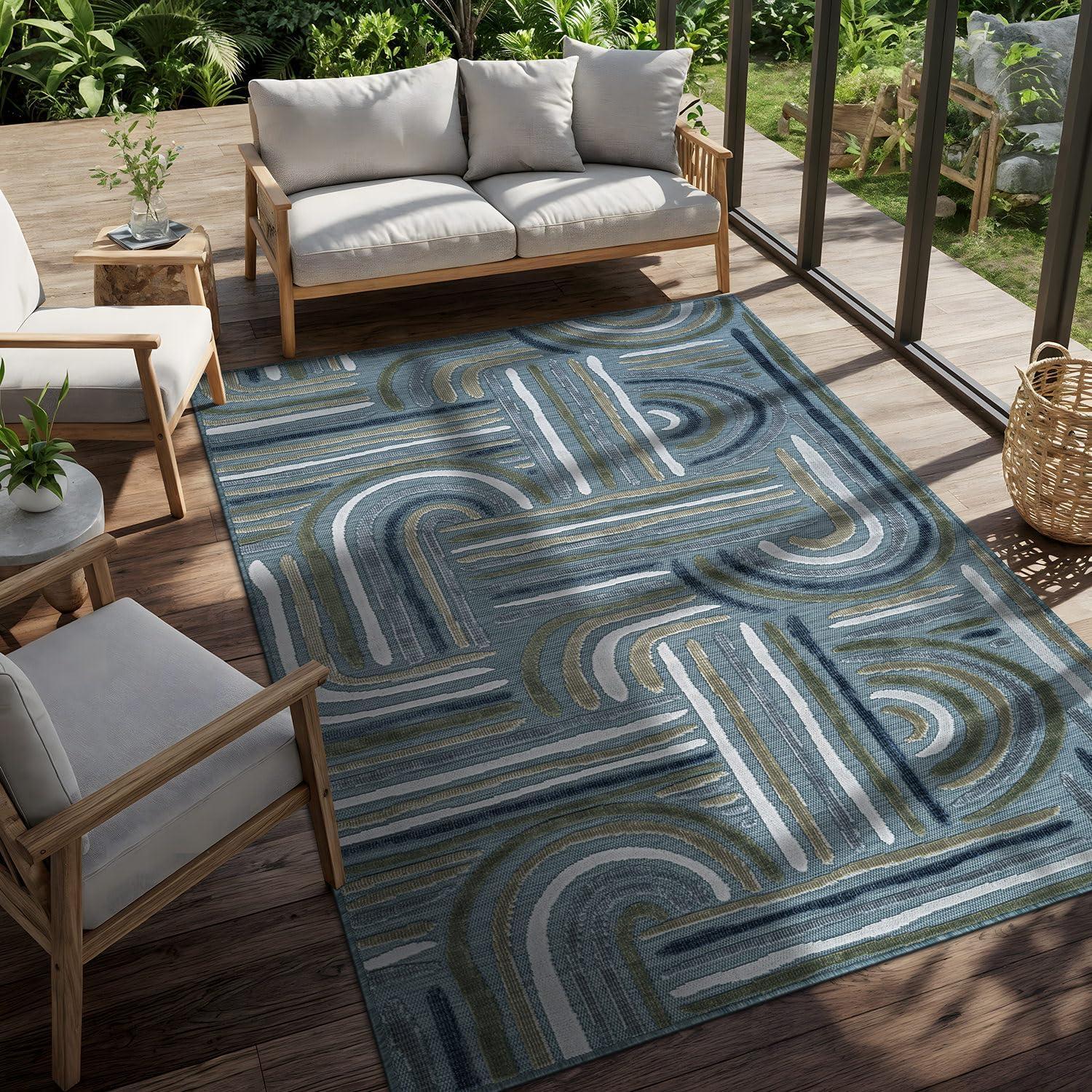 image:imageCAMILSON Indoor Outdoor Rug Navy 710x10 Leaf Tropical Botanical Area Rugs for Indoor and Outdoor patios EasyCleaning NonShedding Living Room Garden and Kitchen Washable Outside Carpet 8x103004 Aqua